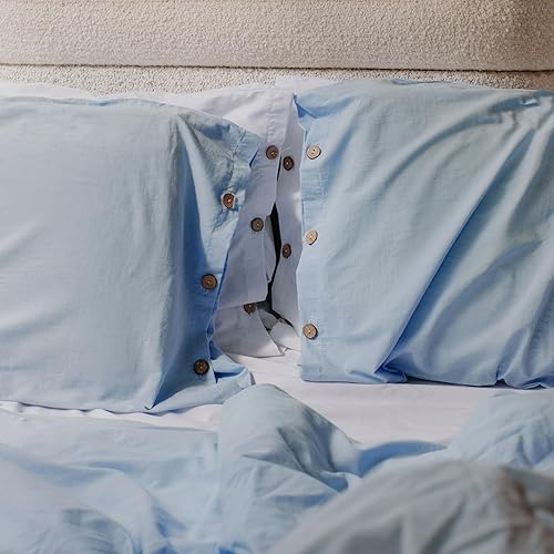 Miniatura 6 de Juego de funda de edredón %100 % de algodón natural, tamaño Queen, color azul aciano, similar al lino, juego de ropa de cama lujoso, suave y cómodo