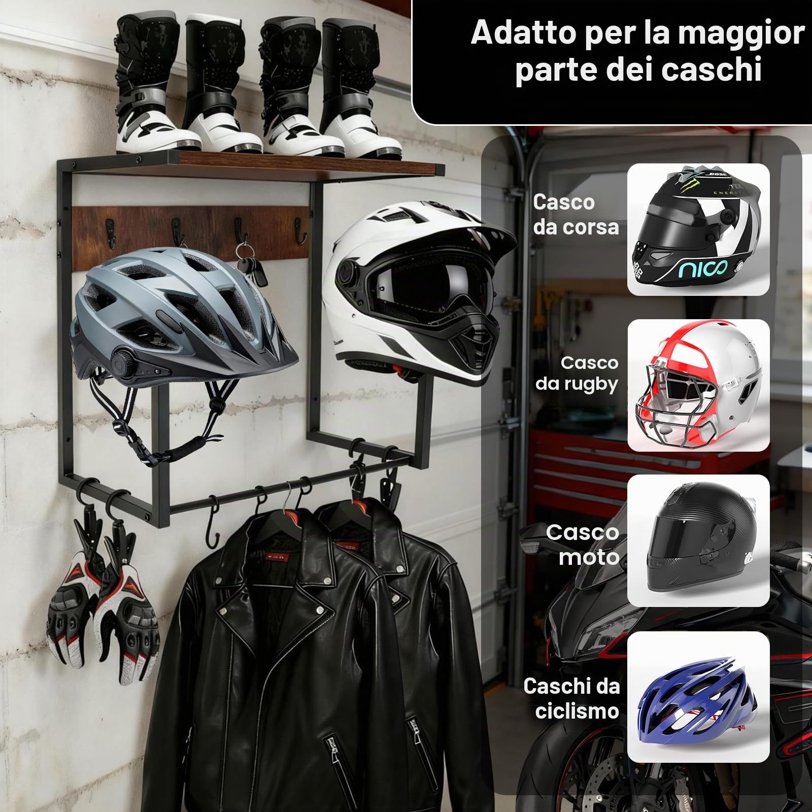 Portacasco da Parete Appendi Casco Moto da, Espositore da Parete per Casco da Motocicletta,con Pannello di Legno monostrato,per Riporre Accessori per Moto