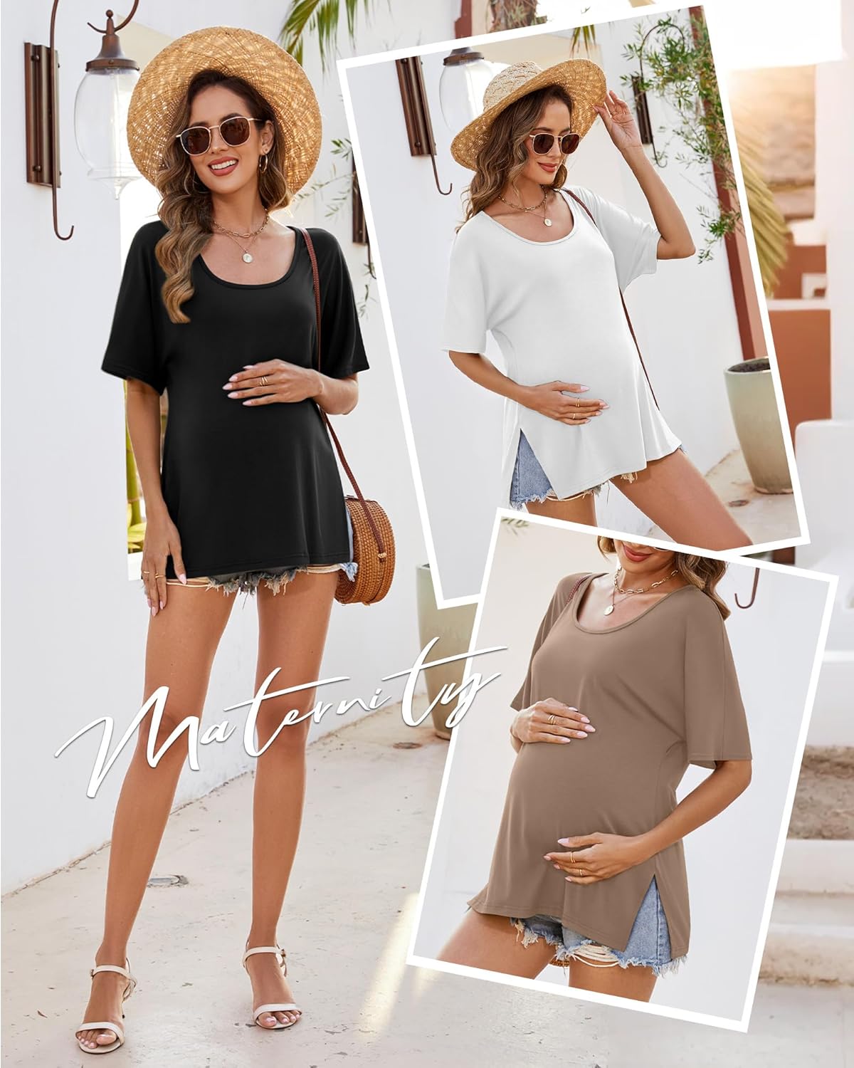 Riyiper 3 Pack Women's Maternity Shirts Side Split U Neck Loose Pregnancy Tops Tunic Blouses Casual Summer Clothes - Image 4