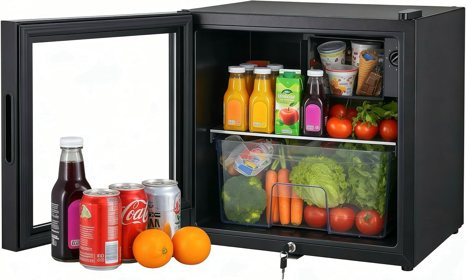 50L Beverage Refrigerator with Glass Door and Lock, Freestanding Mini Drink Cooler with Soft Freezer Compartment for Beer, Wine, Soda, Office, Bar & Dorm - Black