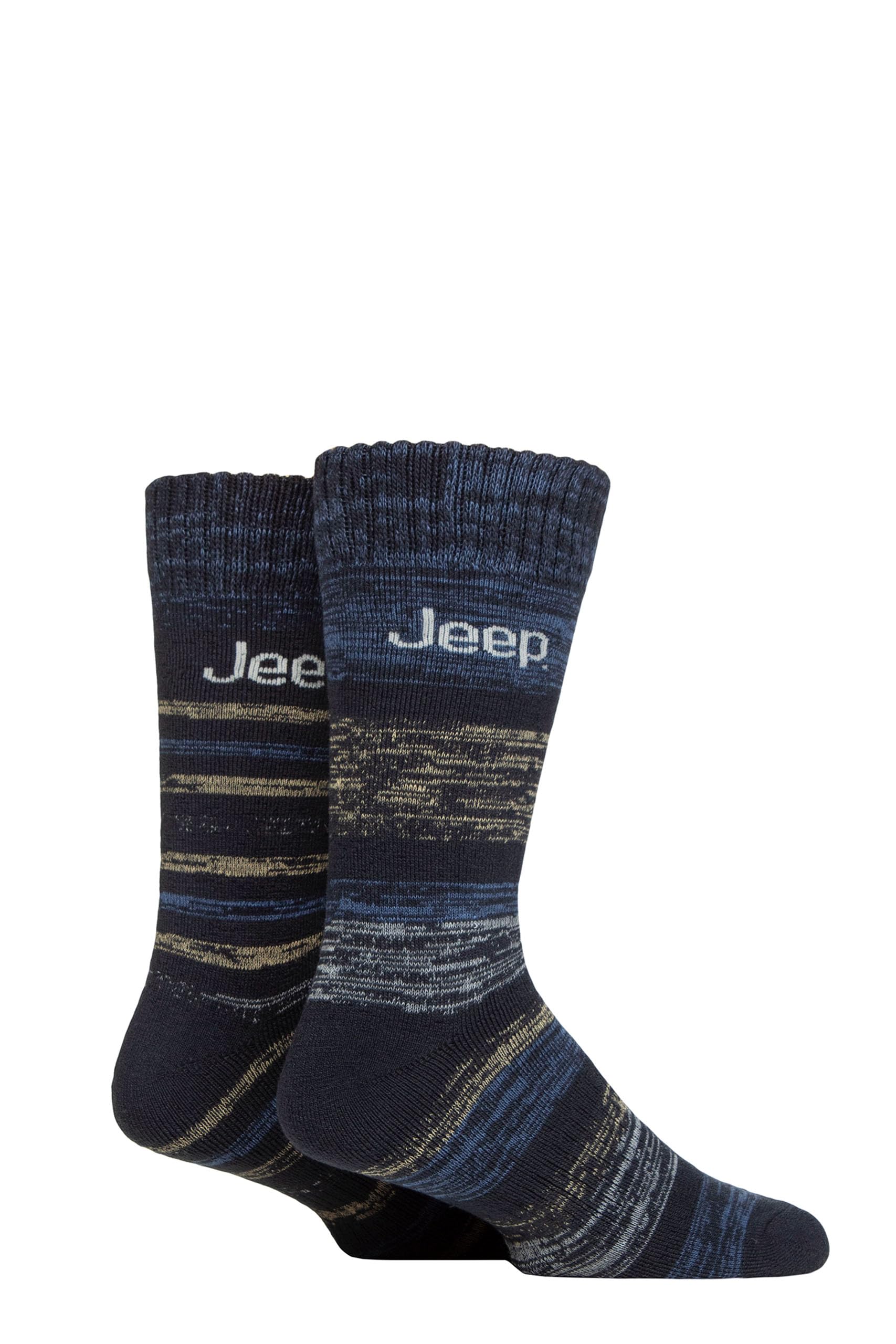 Jeep Mens Thermal Boot Socks - Striped Patterned Cushioned, Soft, Breathable, Arch Supports for Walking, Hiking & the Outdoors in a 2 Pair Multipack Size 6-11 Striped Blue/Navy