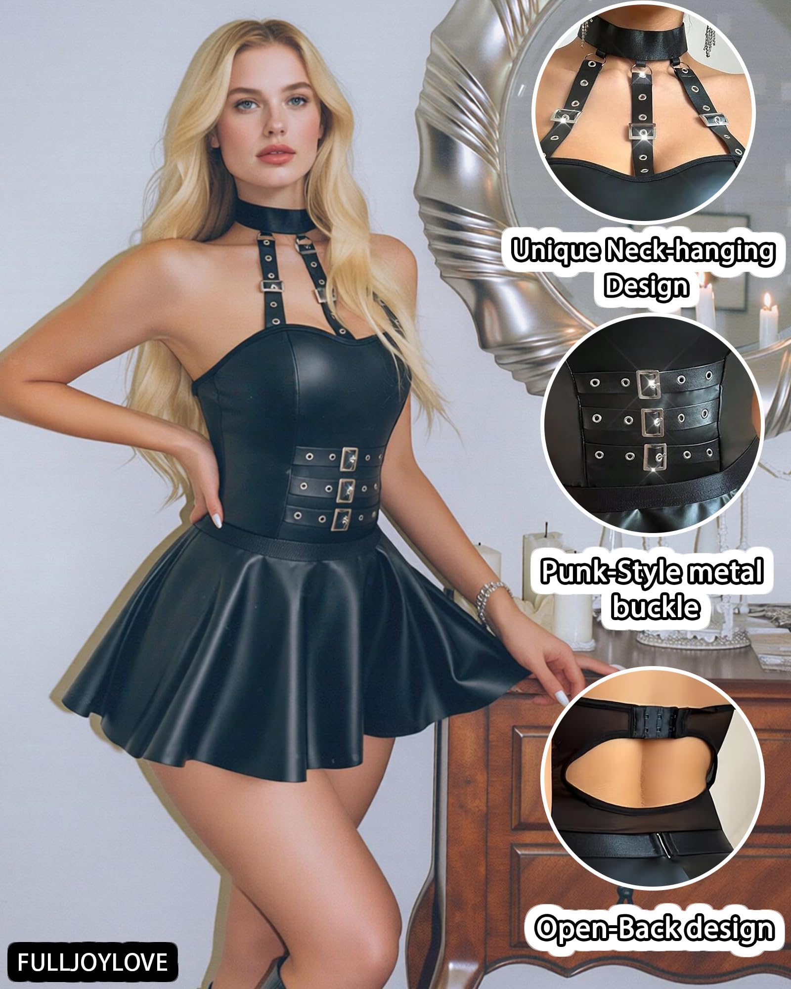 Vestido de piel sintética para mujer, talla grande, con tanga, piel sintética, cuello en V, sin espalda, babydoll Chemise con lencería gótica