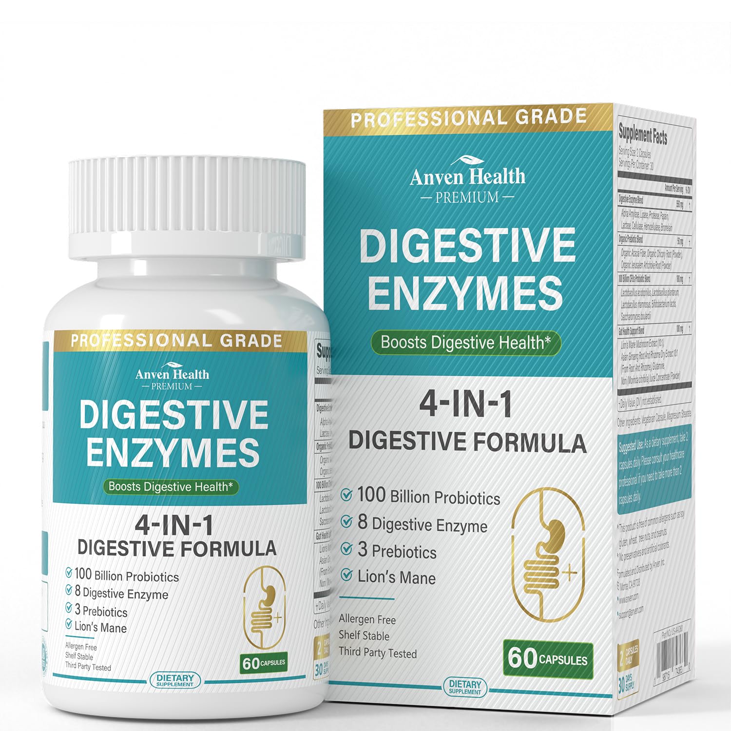Anven Health Suplemento Digestivo com Probióticos, Prebióticos e Enzimas Digestivas 100 bilhões de UFC, 800 mg, 60 cápsulas