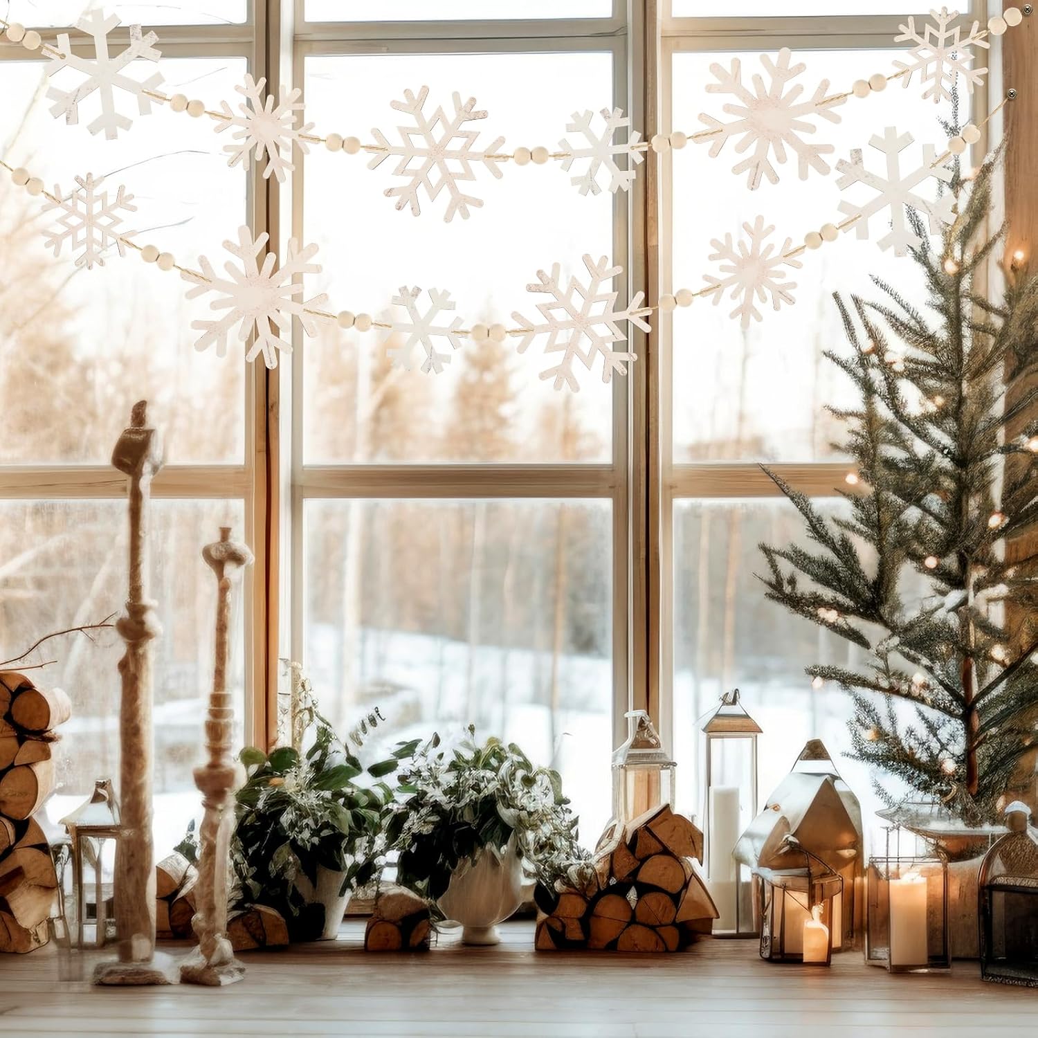 Marsui 2 Pcs Snowflake Garland Winter Decorations Wooden 70.8 Inch Snowflake Banner Small Big White Mantel Decor Fireplace Garland Farmhouse Decor for Winter Party Fireplace Shelf Windows