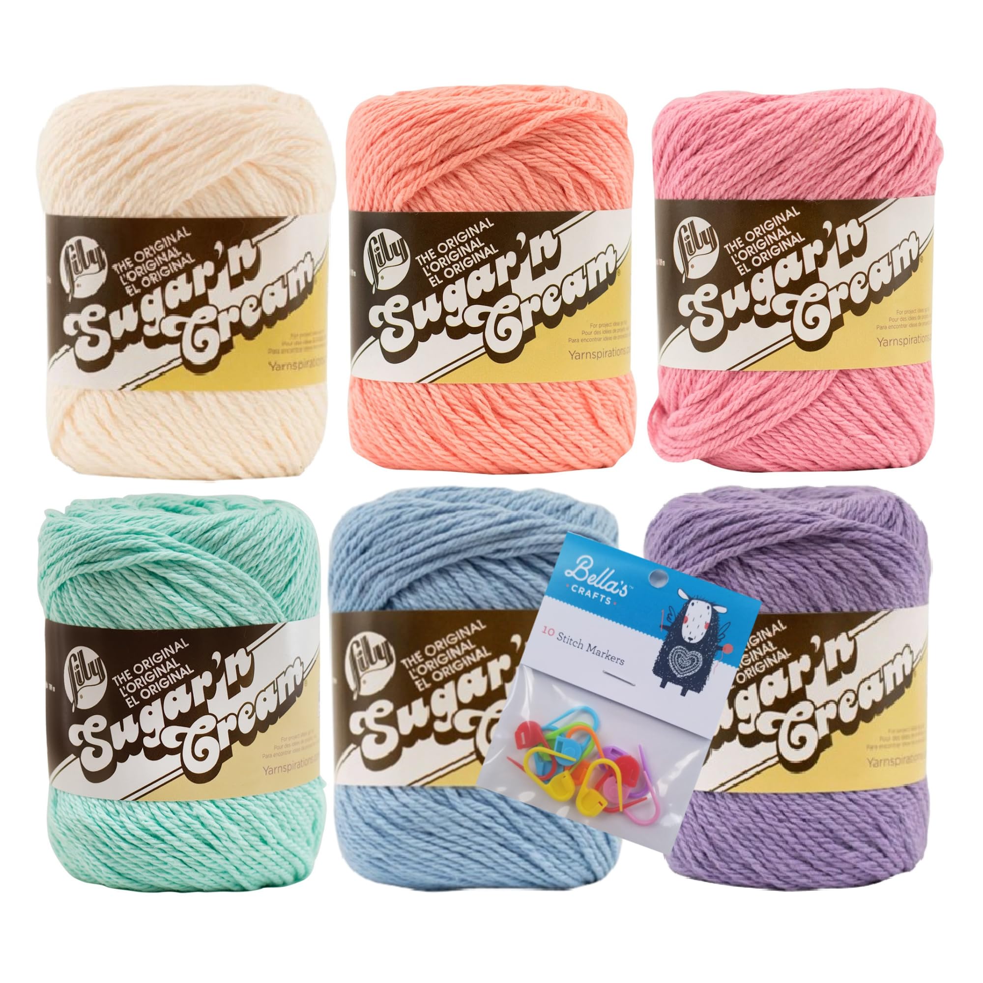 Lily Sugar n Cream Yarn, Pastel Solids, 6-Pack Bundle with Stitch Markers