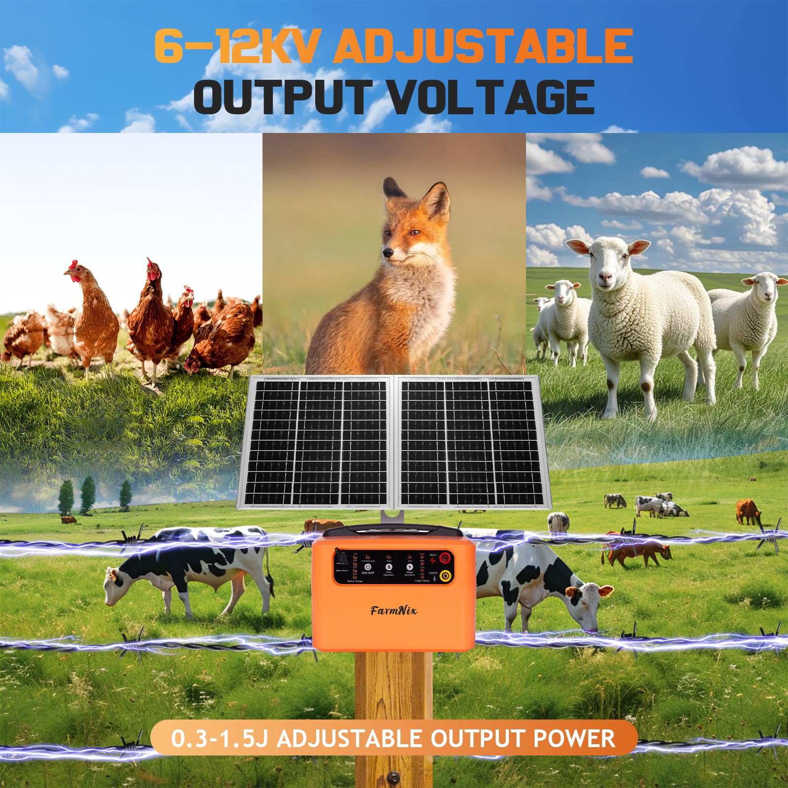 48KM Weidezaungerät Solar, 0.3-1.5J, 6KV-12KV Einstellbar Elektrozaungerät，inkl. 15W-Solarpanel, 12V 7Ah Blei-Akku & Erdungsset für große kleine Tiere