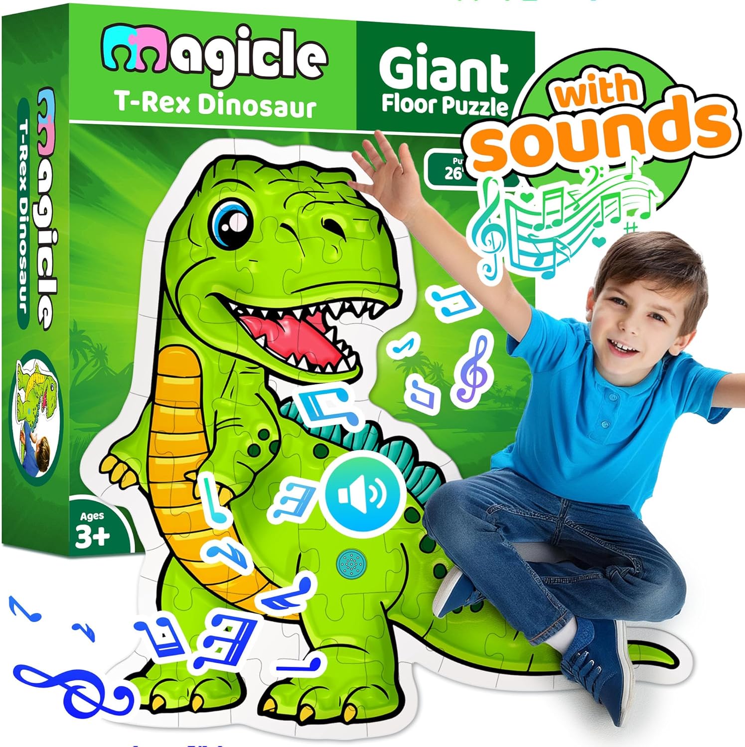 Dinosaur Giant Floor Puzzle with Sounds, 35 Piece Extra Thick Puzzle Toys for Ages 5-7, Puzzles for Kids Ages 4-6, Dinosaur Toys for Kids Ages 3-5, 4-8 Year Old Gift T-Rex Dinosaur