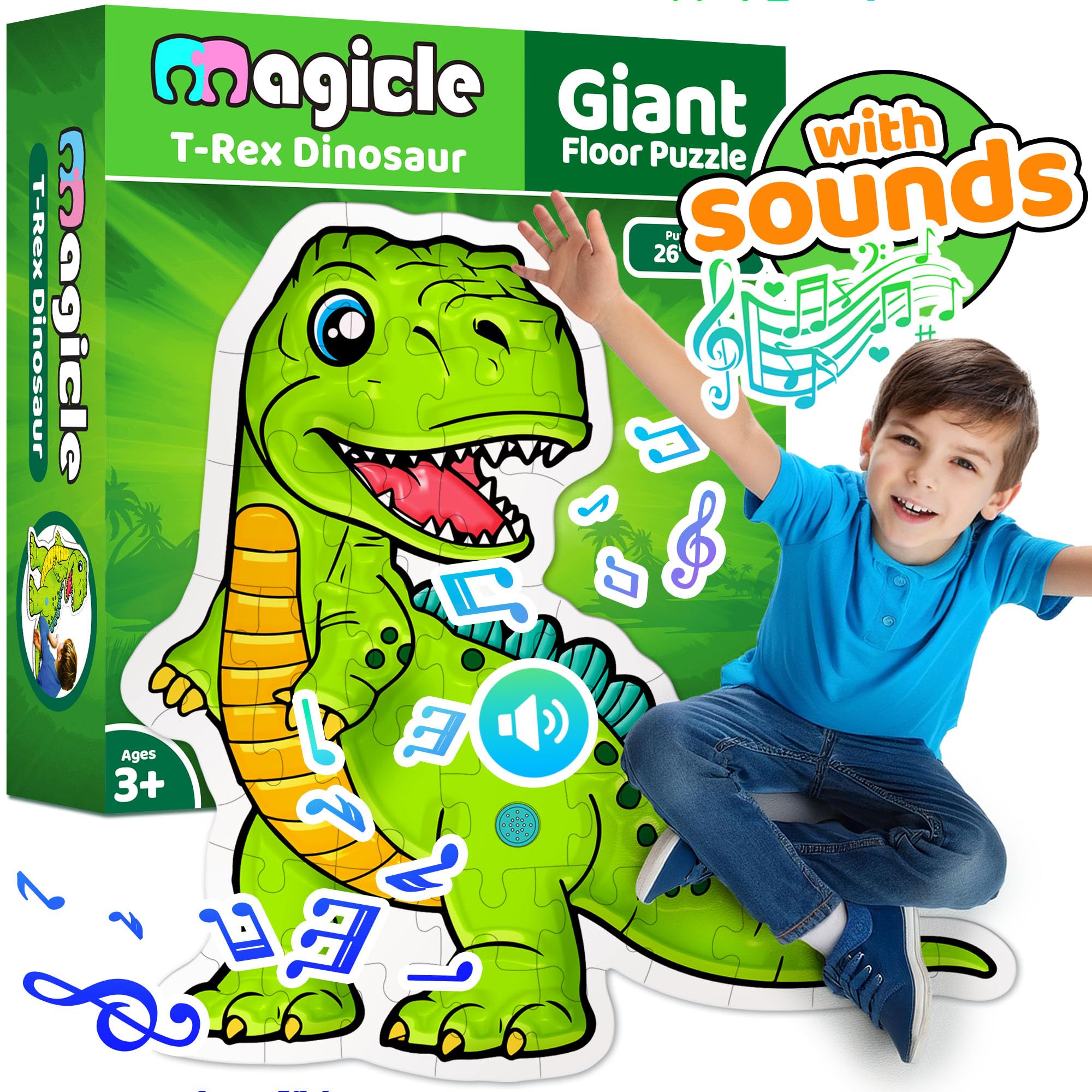 Dinosaur Giant Floor Puzzle with Sounds, 35 Piece Extra Thick Puzzle Toys for Ages 5-7, Puzzles for Kids Ages 4-6, Dinosaur Toys for Kids Ages 3-5, 4-8 Year Old Gift