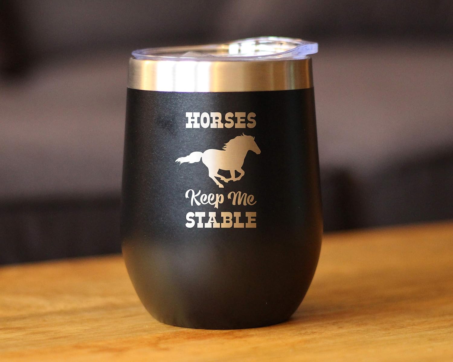 Horses Keep Me Stable - Wine Tumbler with Sliding Lid - Stemless Stainless Steel Insulated Cup - Funny Gifts for Horse Lovers - Black - Image 2