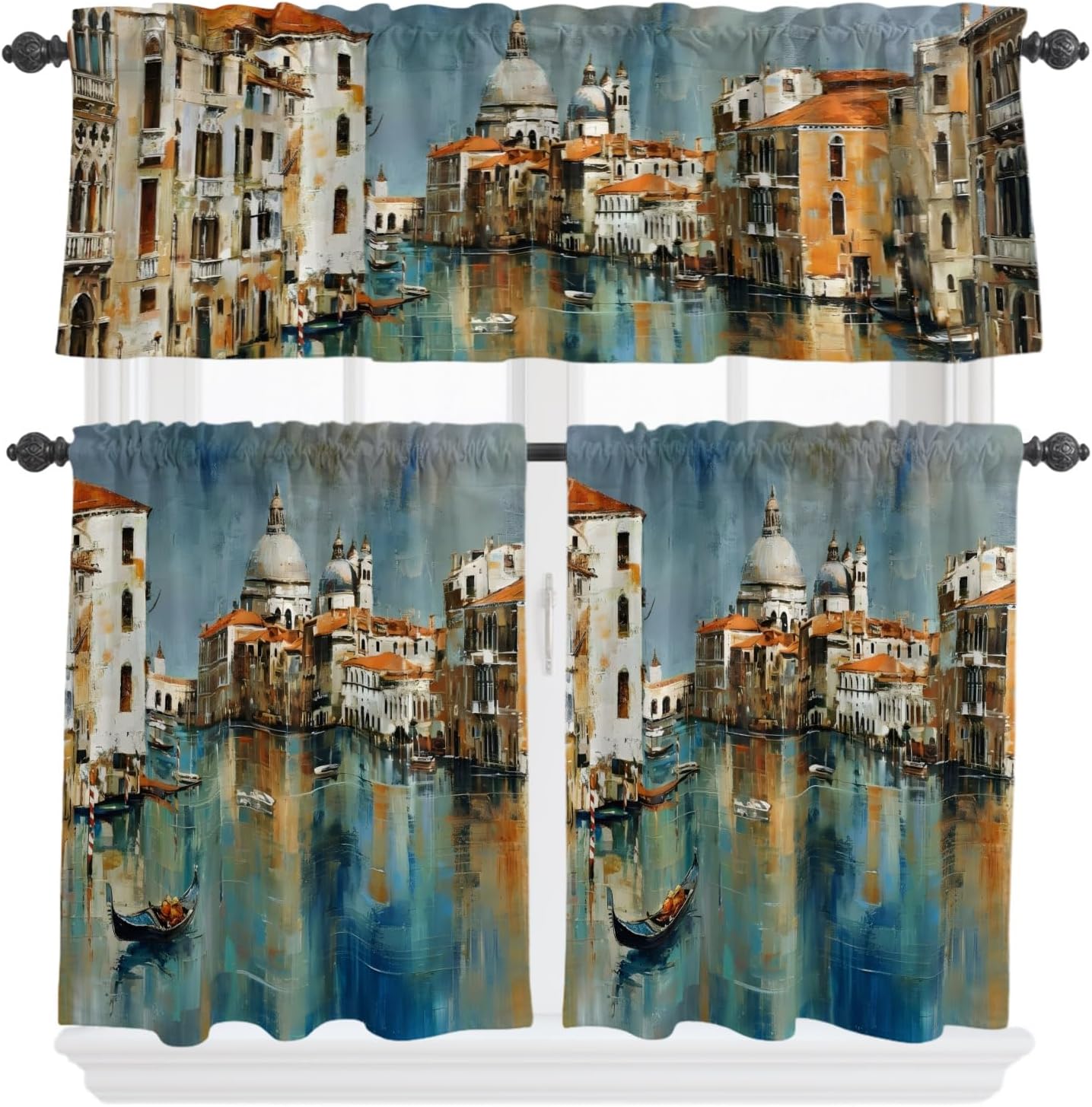 Venice Canal Kitchen Curtains Valances and Tiers Set of 3, Gondola European Romantic Impressionist Tier Curtains and Valance with Rod Pocket, Valance Curtains Set for Kitchen Bathroom Small Windows