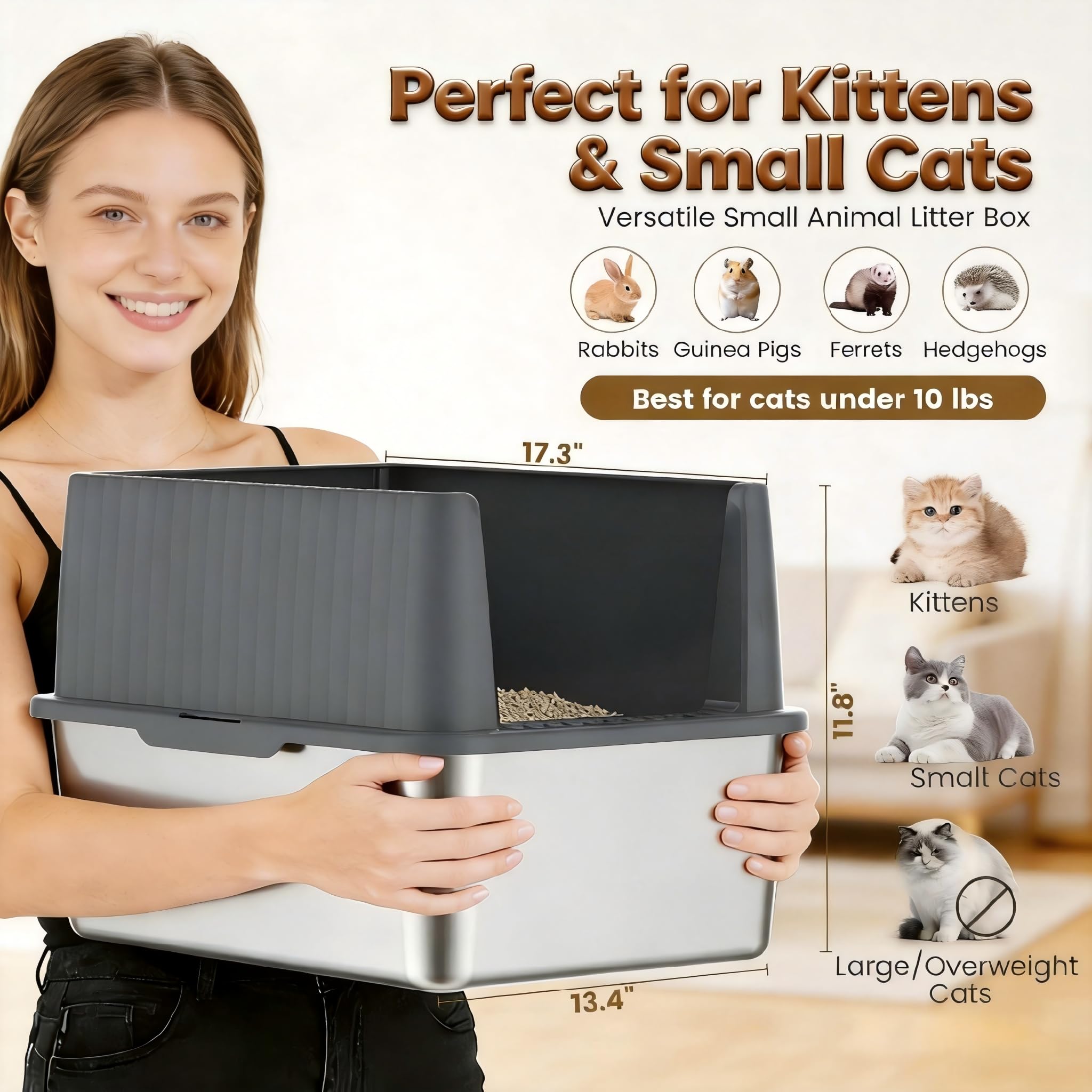 Stainless Steel Metal Litter Box for Kittens & Small Cats, 11.8" High Sides Prevent Litter Scatter, Open Top Litter Pan Anti-Leak & Easy Clean, Compact Space-Saving Size 17.3x13.4x11.8 Inches - image 2