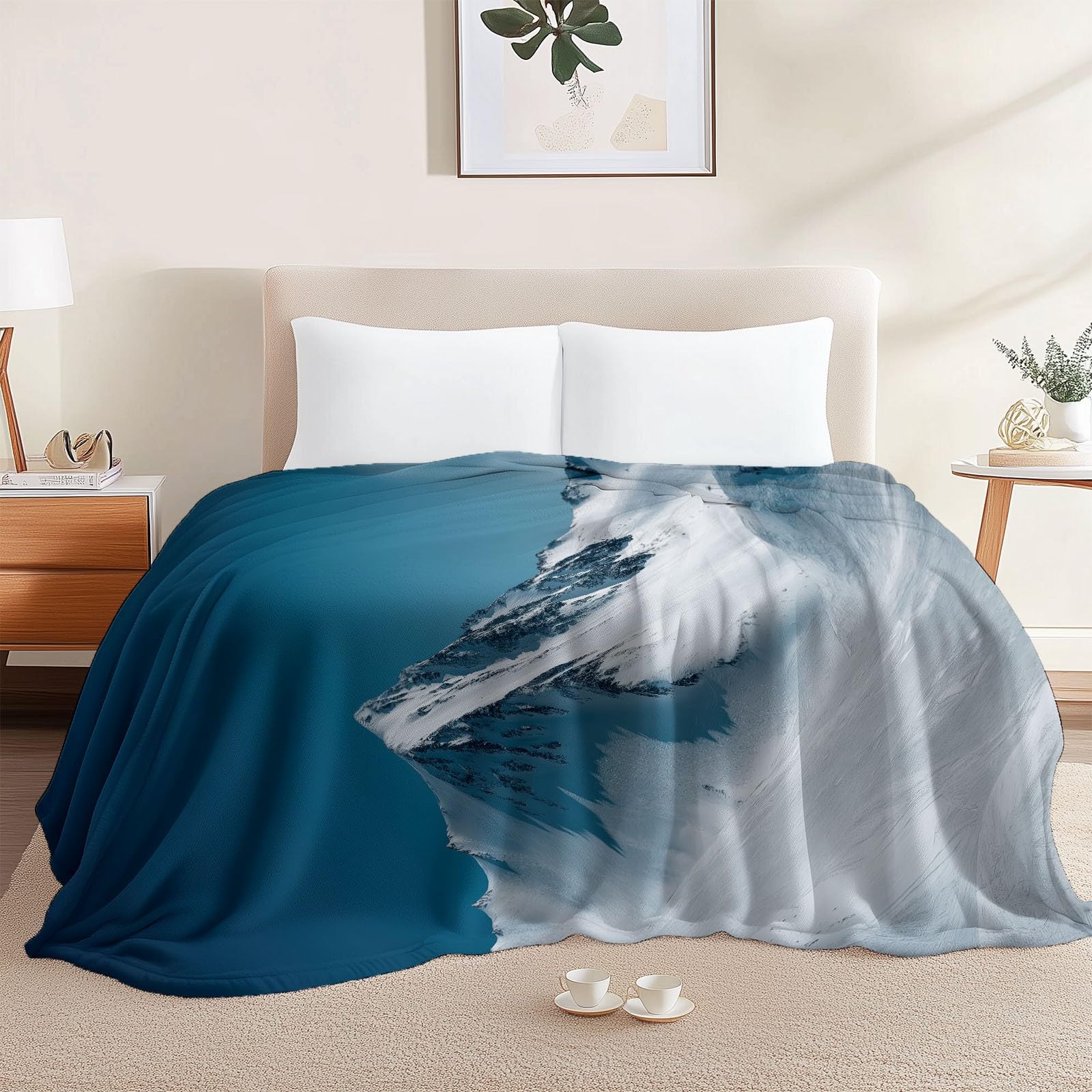 Générique Couverture Polaire Bleu, Neige Montagnes Ski Flanelle Couverture pour Canapé Lit Voyage Plaid Chaise, 220 x 240 cm Couvertures de Lit Doux et Chaud pour Toutes Les Saisons