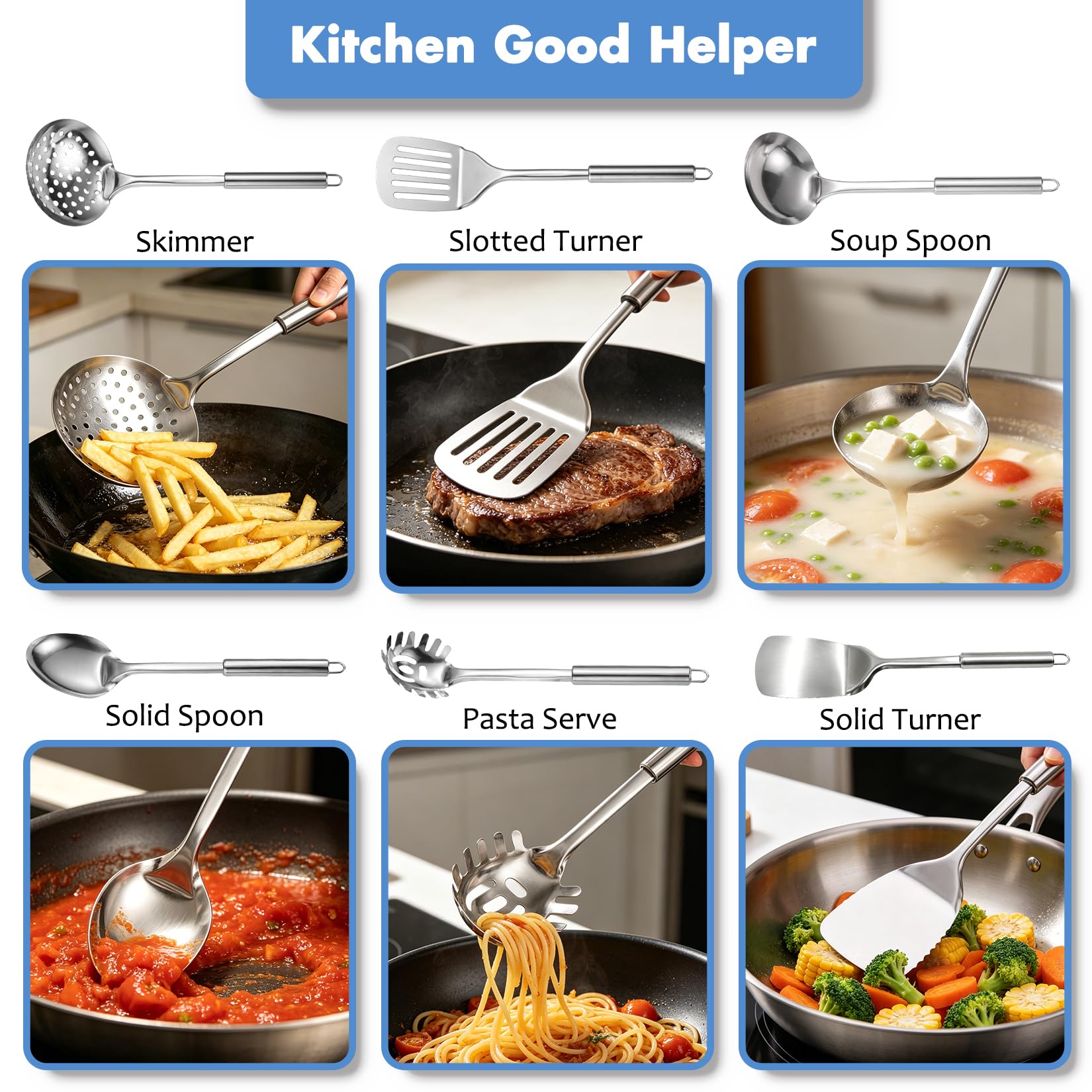 Juego de 11 utensilios de cocina de acero inoxidable con soporte, resistentes al calor, para cocinar con volteadores, triturador de patatas, skimmer, cucharón, pinzas, batidor