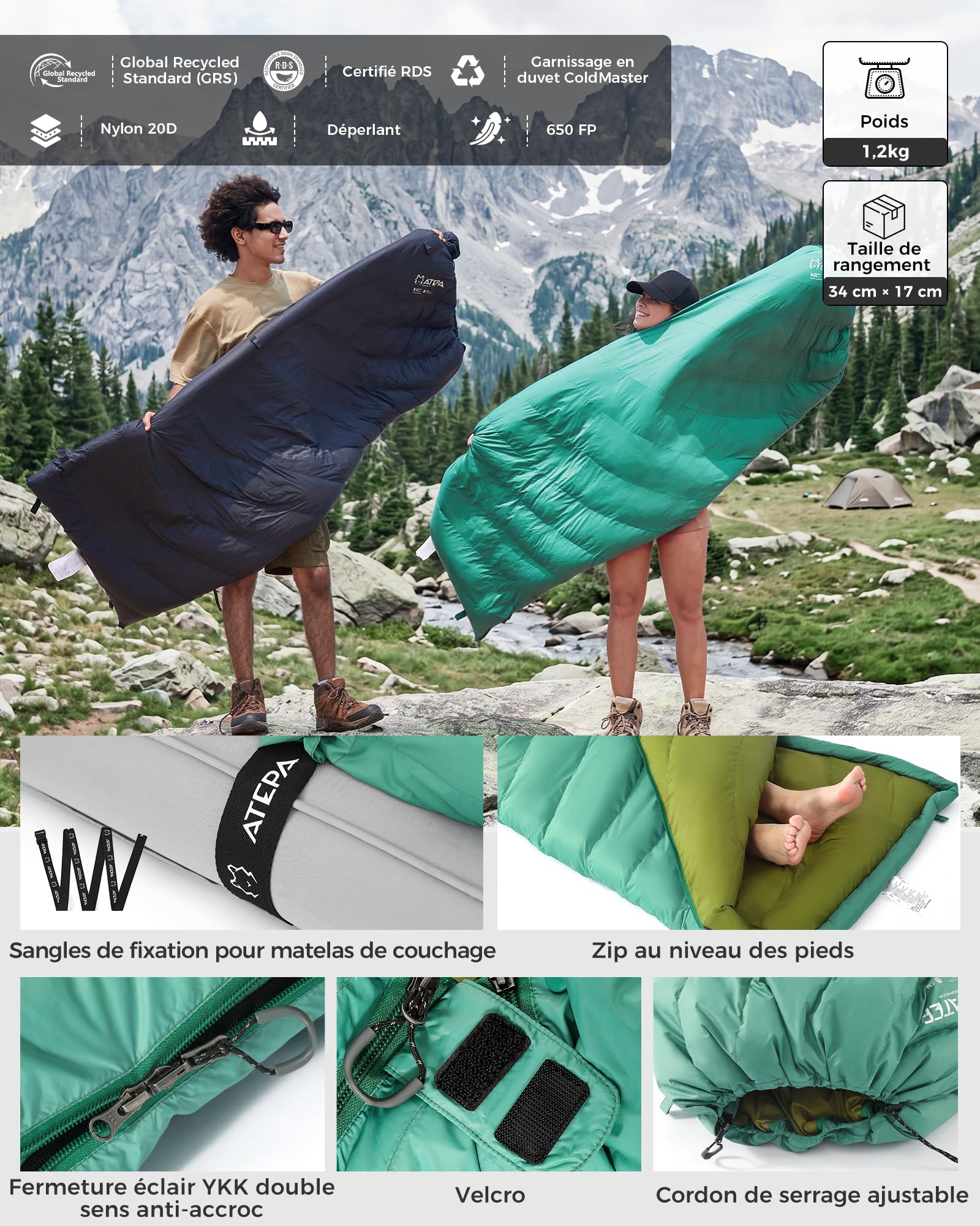 ATEPA Sac de couchage en duvet, sac de couchage d'extérieur avec duvet 600 FP, imperméable, sac de couchage pour 4 saisons, idéal pour les adultes pour le camping, les voyages et les aventures