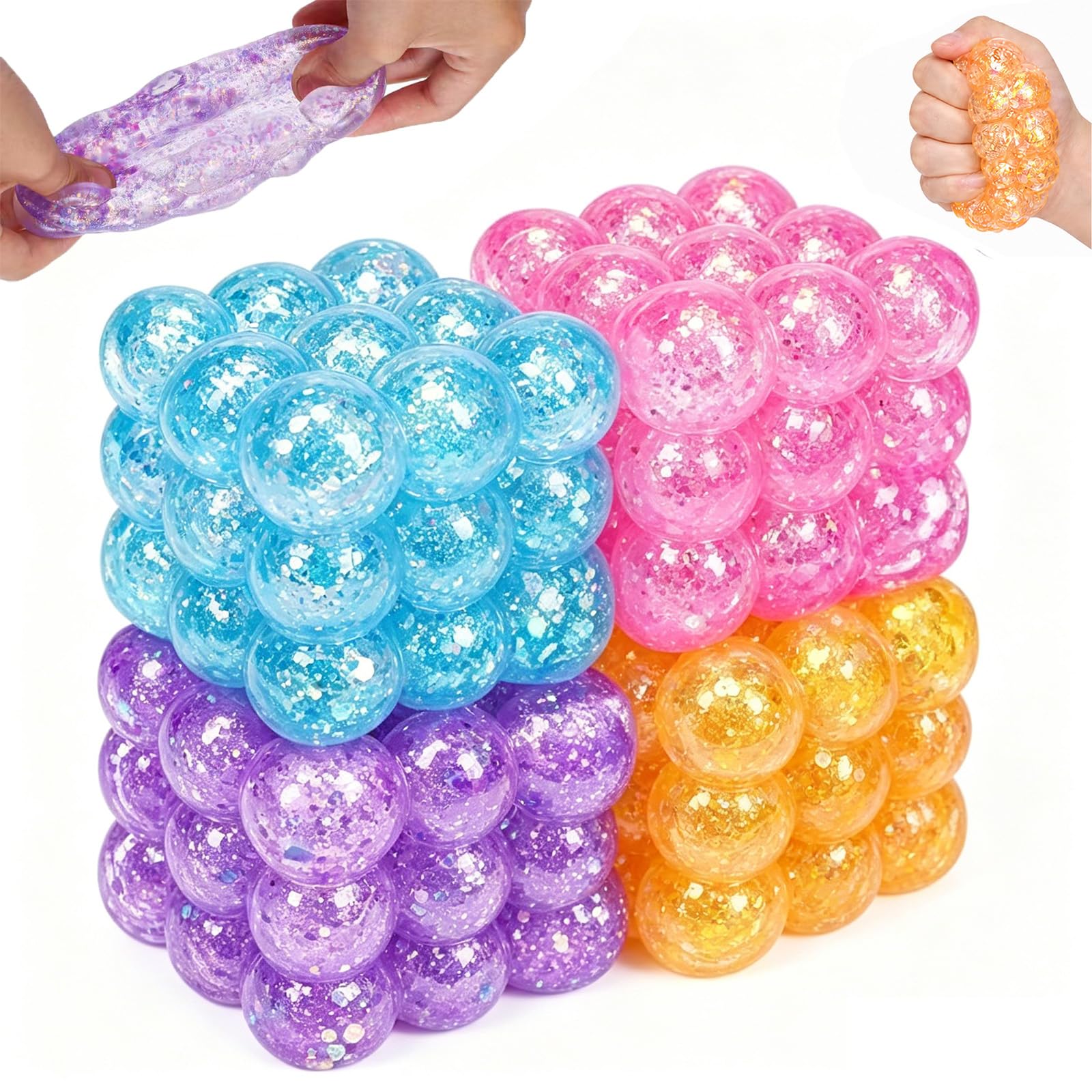4 PCS Ice Cube Squishy, Sequins Cube Stress Balls, Soft Fidget Squishy Toys, Portable Square Stress Balls, Anxiety Relief Cube, Fun Sensory Feelings Toys For Kids Adults
