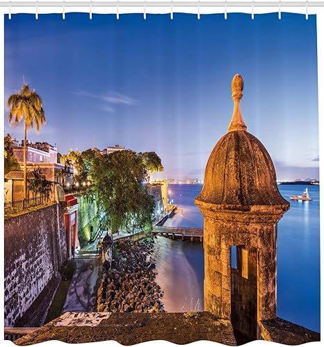 Miniatura 2 de Lunarable Cortina de ducha de Puerto Rico, Coast at Paseo de la Princesa estilo retro con elementos arquitectónicos, juego de decoración de baño de