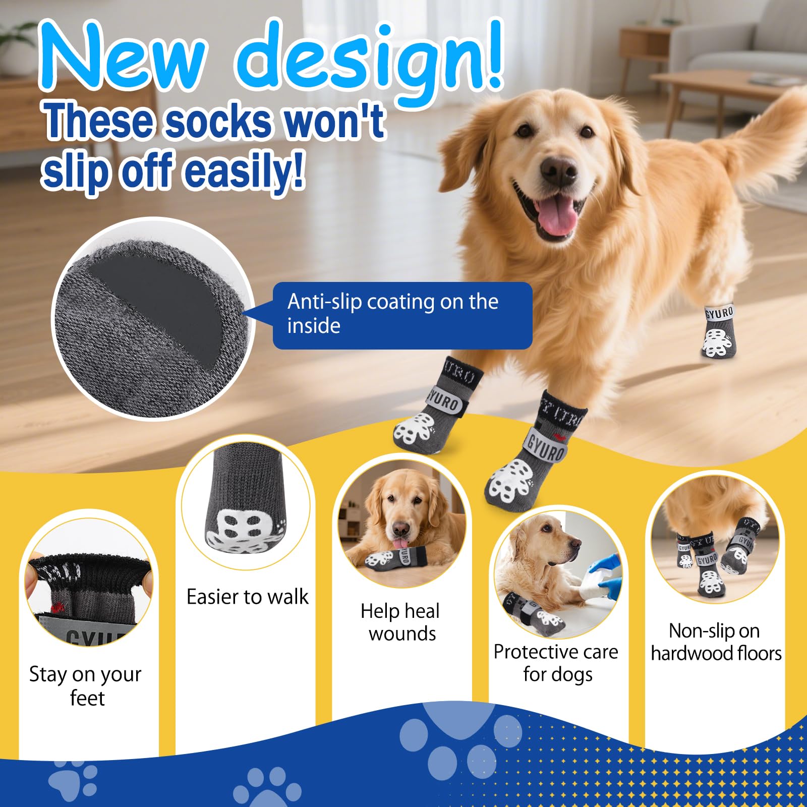 GYURO 4-Sided Anti Slip Dog Socks Paws Stop Licking with Adjustable Reflective Strap, Indoor Paw Protection - Image 2
