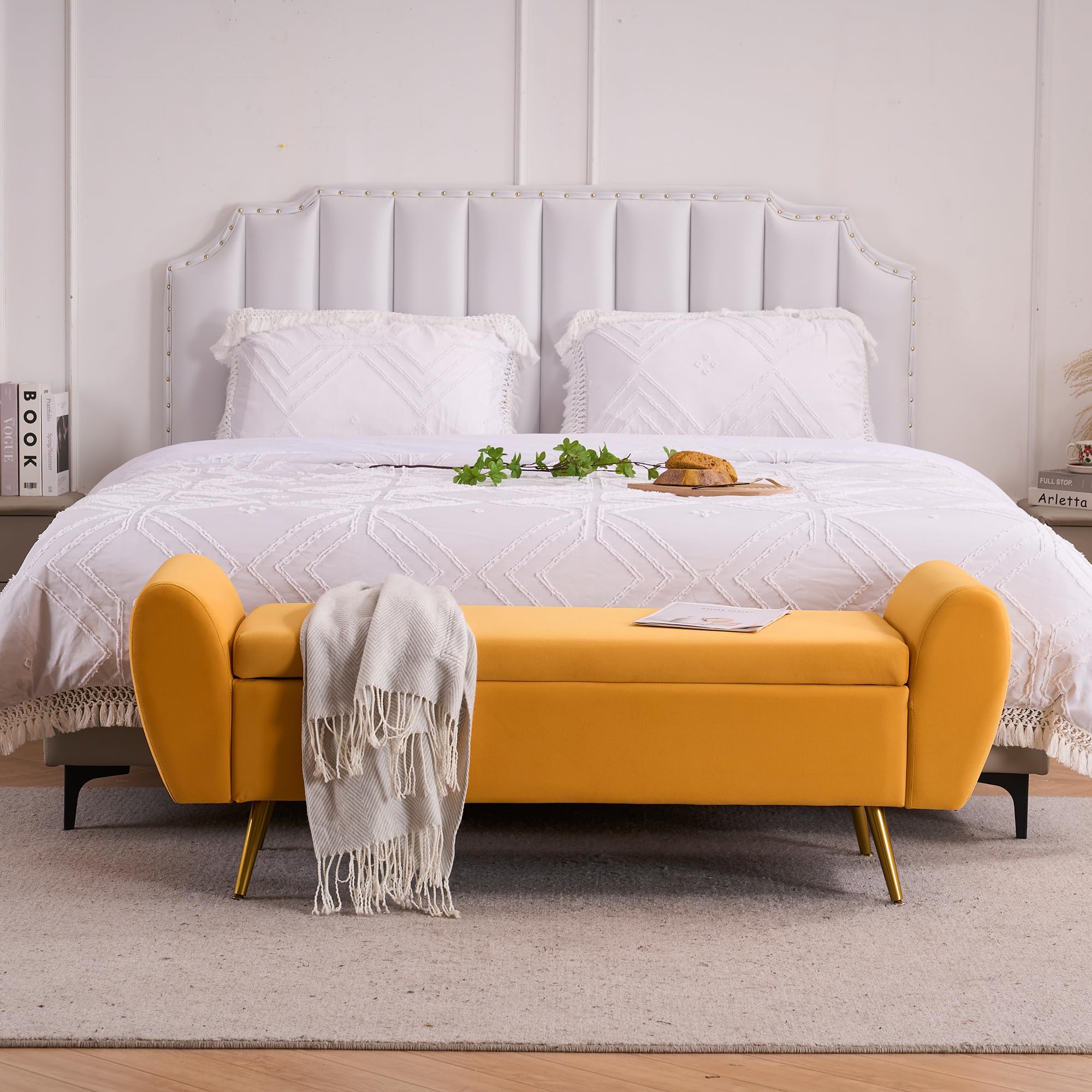 AIITTCC Storage Bench for Bedroom, 55" Extra Long Bench for King Size Bed, Modern Upholstered End of Bed Ottoman Bench with Arms for Entryway Living