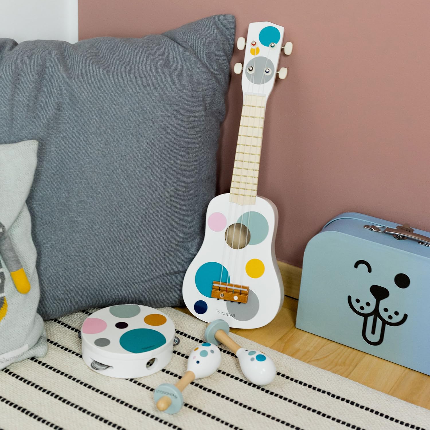Kindsgut Musikinstrumenten-Set mit Gitarre Rasseln und Tamburin, dezente und Moderne Farben, Punkte
