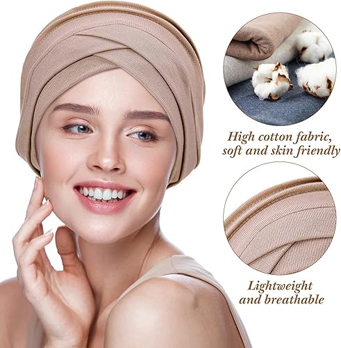 Miniatura 2 de SATINIOR 4 turbantes para mujer, gorro suave para dormir, turbante de cáncer, turbante de moda, gorros de hiyab para mujer, Caqui, gris, negro, azul