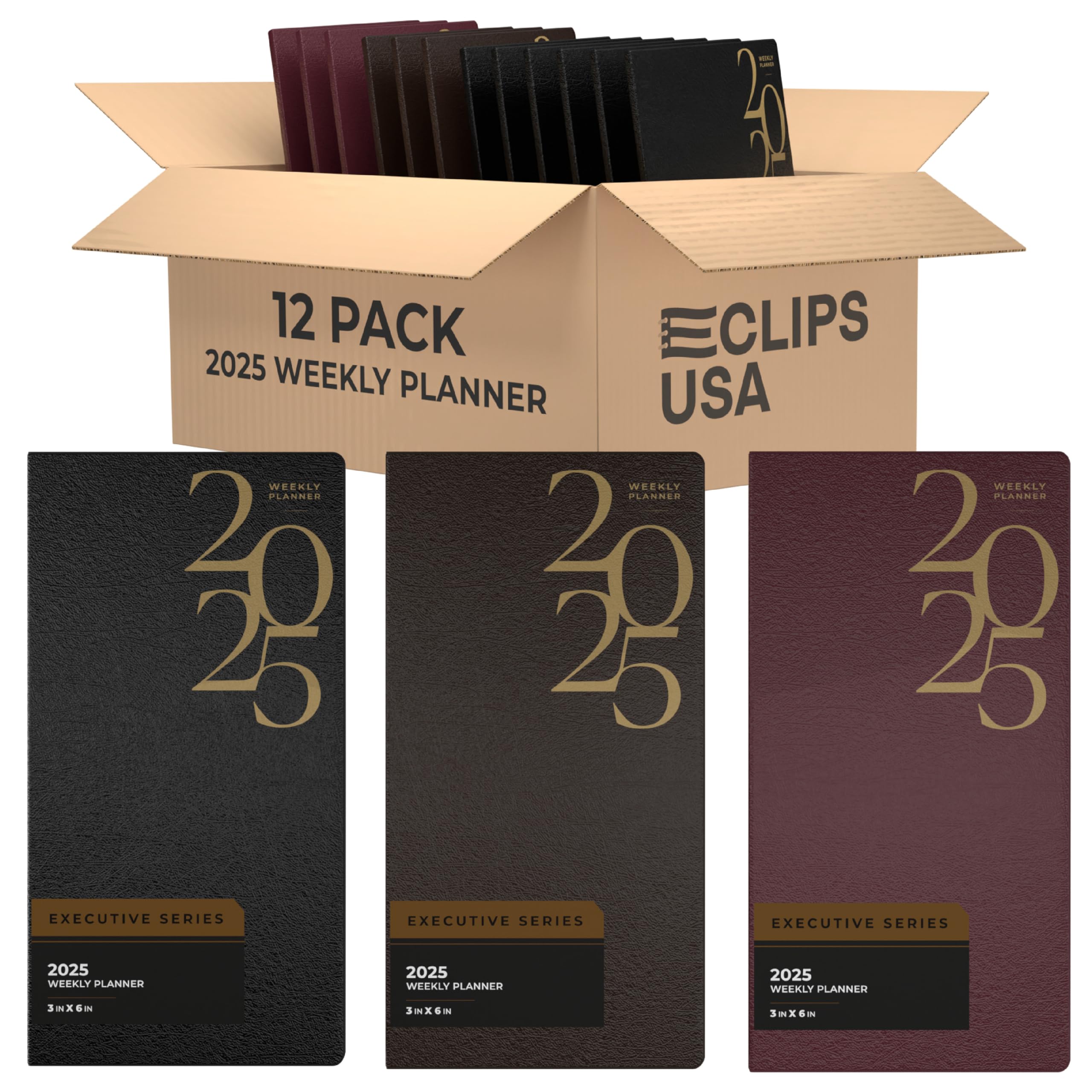 Agenda settimanale 2025, planner settimanale 2025, planner settimanale e mensile, 7,6 x 15,2 cm, pagine settimanali, 6 neri, 3 marroni, 3 bordeaux, confezione da 12, 3 x 6