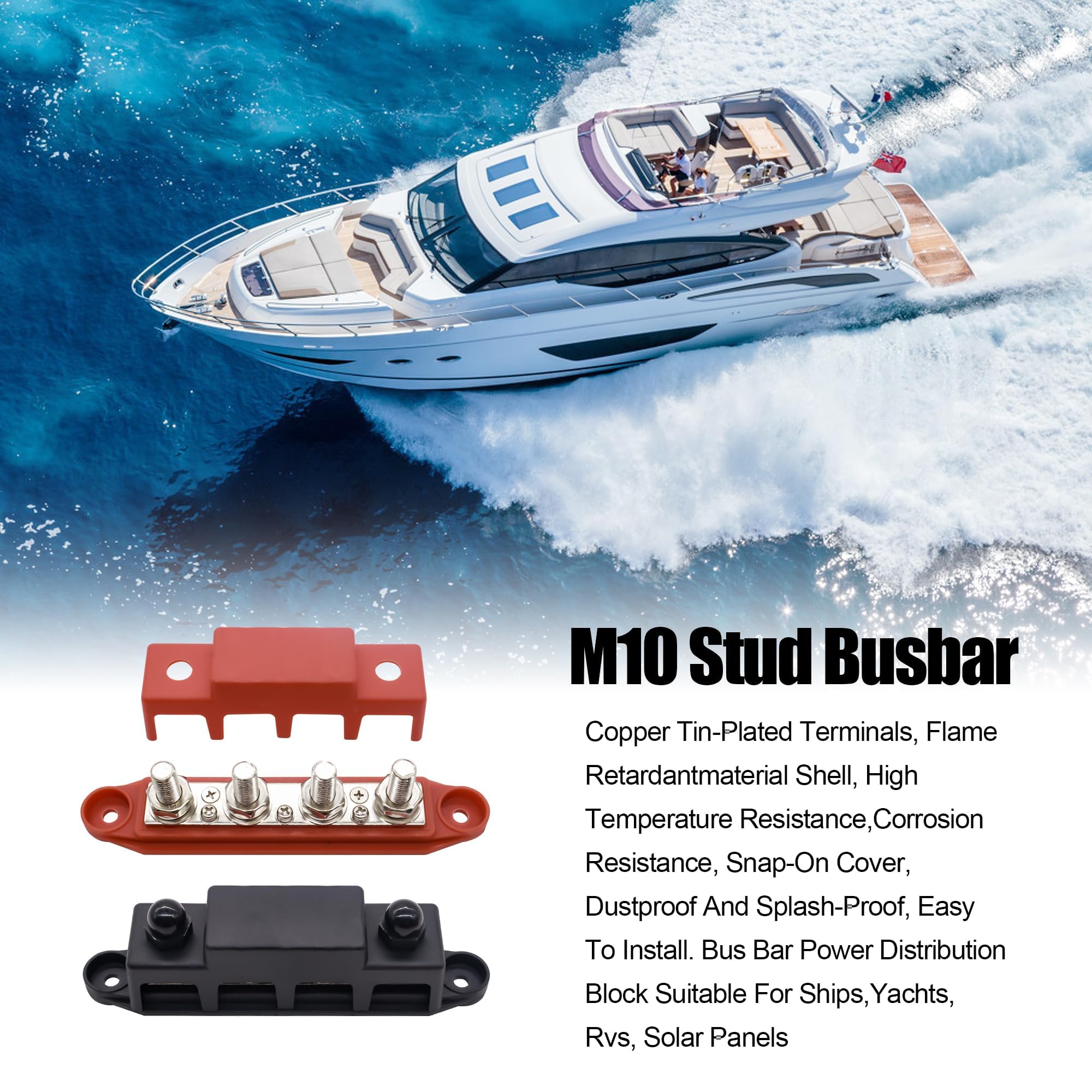 Sammelschienen Verteilerblock 250A BusBar Box mit 4 x M10 Klemmenbolzen Hochleistungsmodul 12V-48V Stromverteilungsblock Erdungsstrom DC 3/8" für Auto RV Boat Yacht (Rot Schwarz, 2PCS)