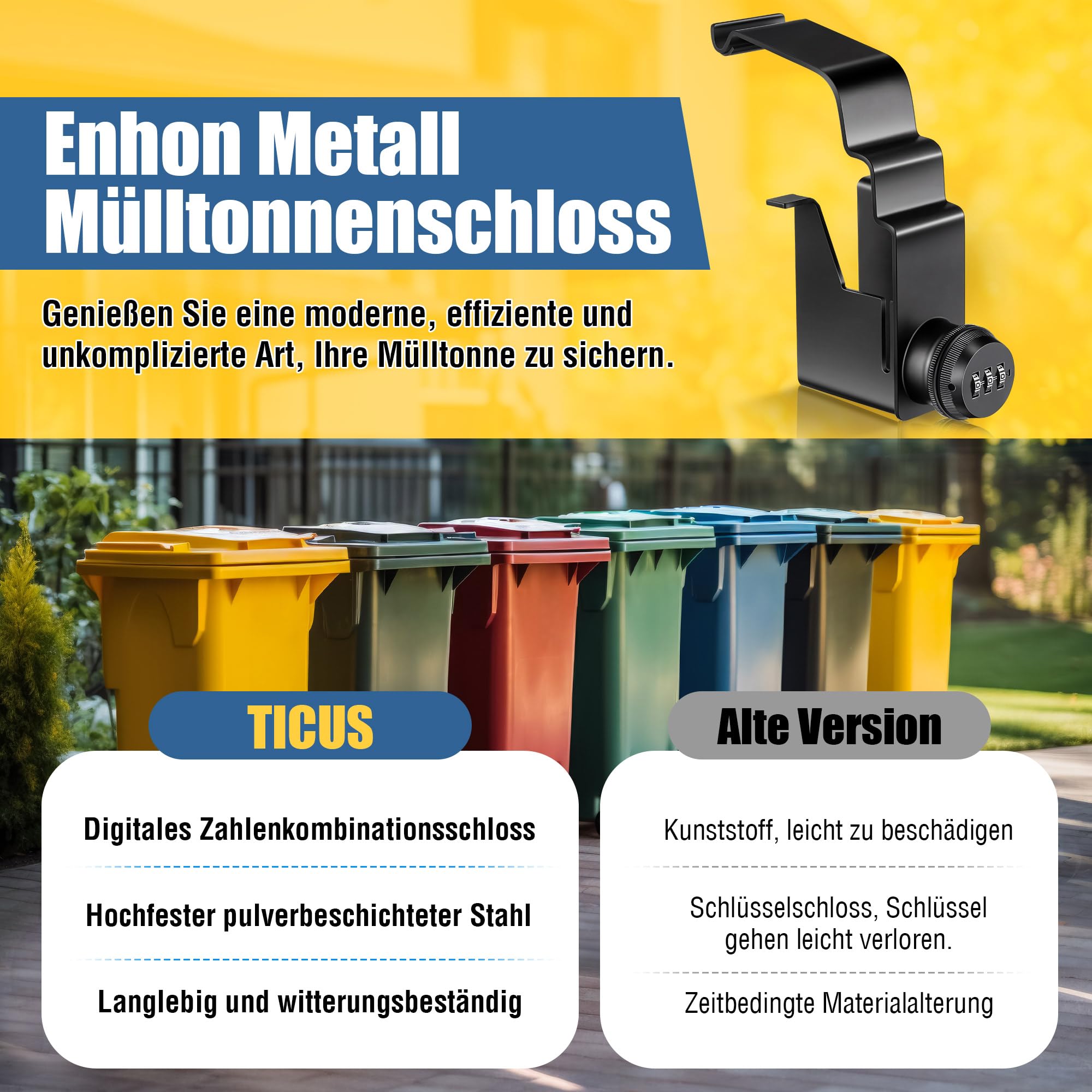 Enhon Lucchetto metallico per bidoni della spazzatura con combinazione numerica, chiusura per bidoni della spazzatura e contenitori per rifiuti da 60-360 litri