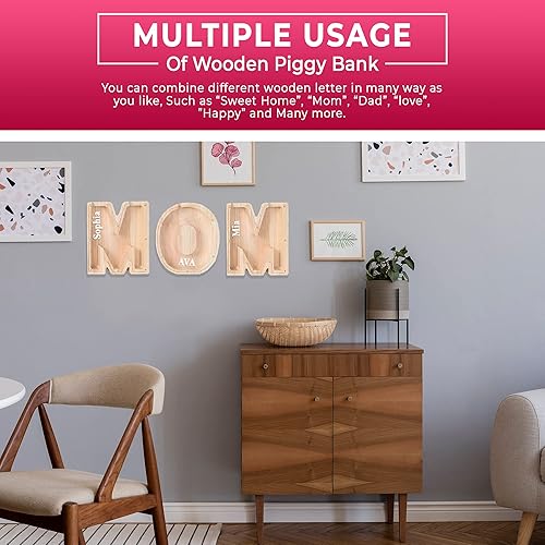Miniatura 3 de Alcancía de madera personalizada para niños, niños pequeños y adultos  Banco de monedas de 26 letras de la A a la Z de gran tamaño  Caja de madera