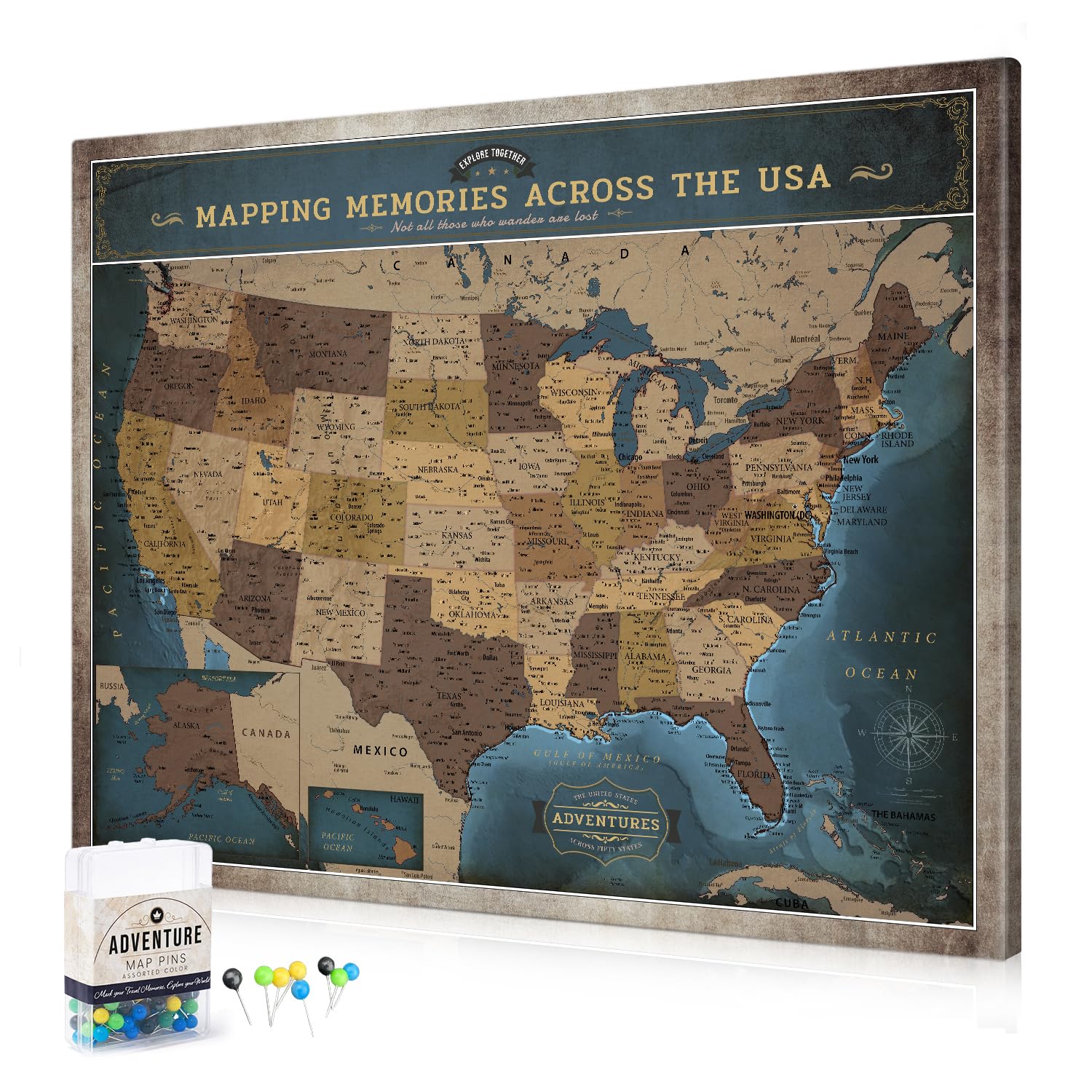 DECORARTS USA Travel Map with Pins, Deep Blue USA Map Pin Board, 35x28''