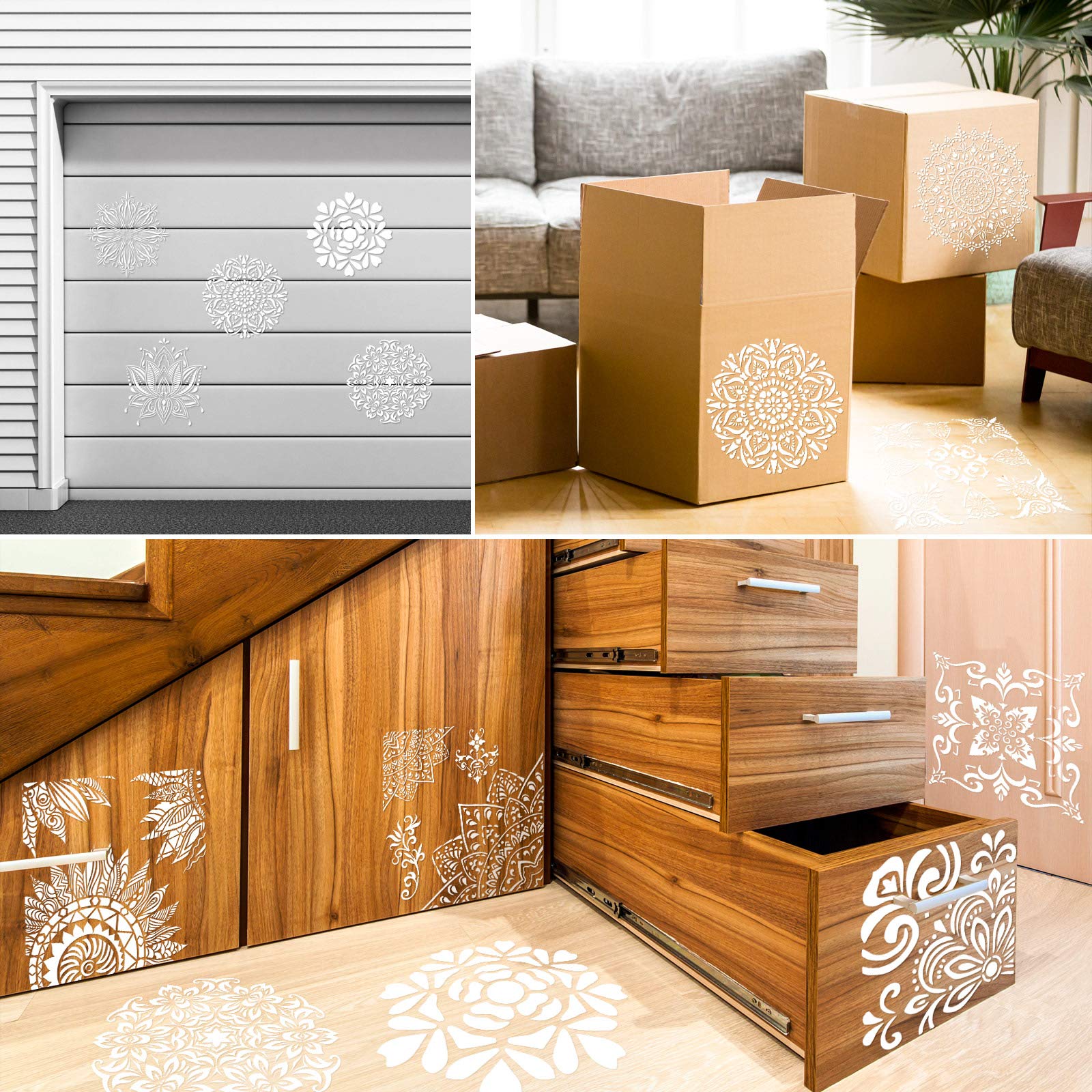 Zonon 12 Pieces 12 x 12 Inch Large Reusable Stencil Mandala Stencil Laser Cutting Painting Template for Floor Wall Tile Fabric Furniture Stencils Painting 1