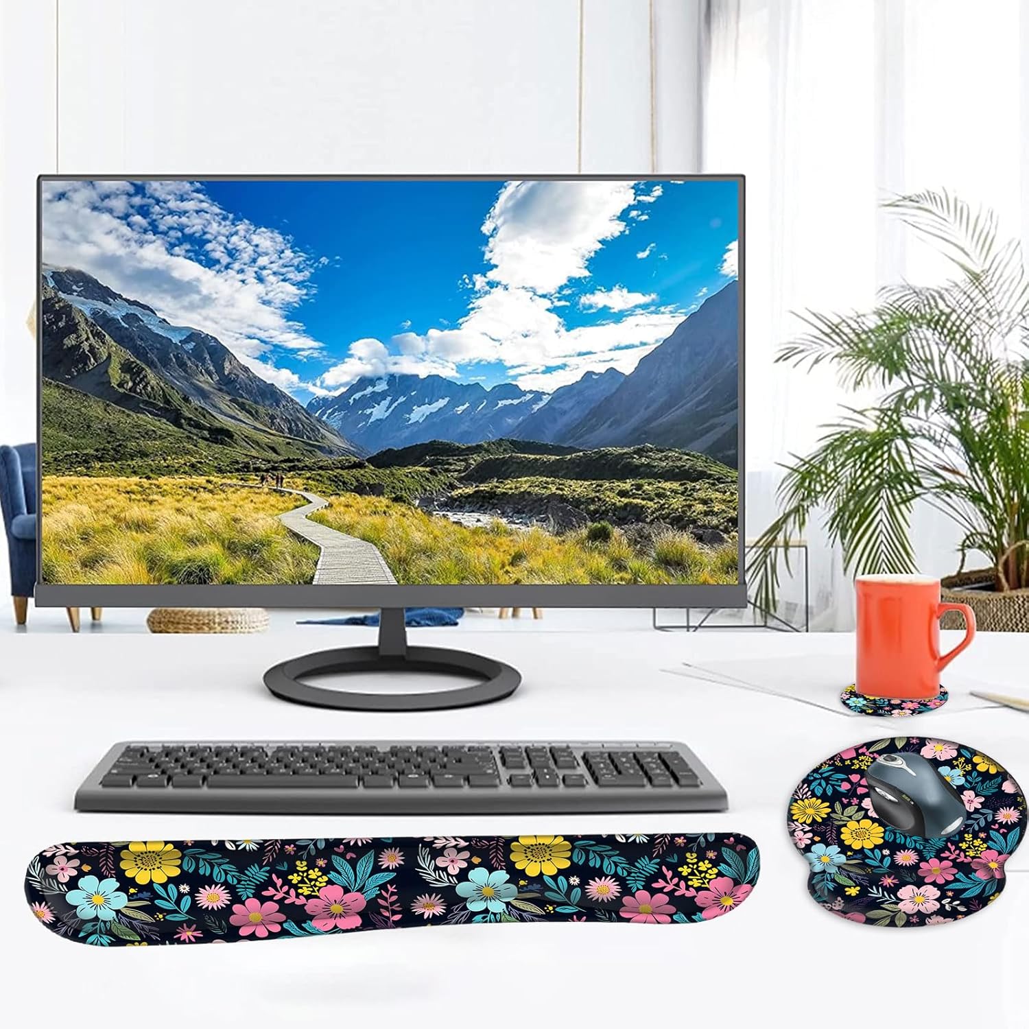 Mouse Pad Wrist Support and Keyboard Wrist Rest with Coaster,Non-Slip Rubber Base Ergonomic Gaming Mousepad for Home Office Working Studying Easy Typing & Pain Relief,Colorful Blooming Floral Flower