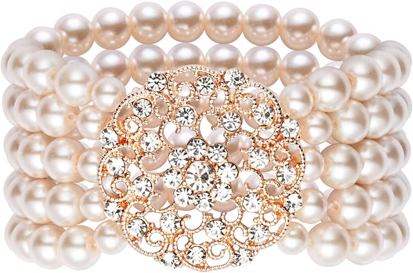 BABEYOND Faux Pearl Bracelets for Women 1920s Flapper Gatsby 5 Row Stretch