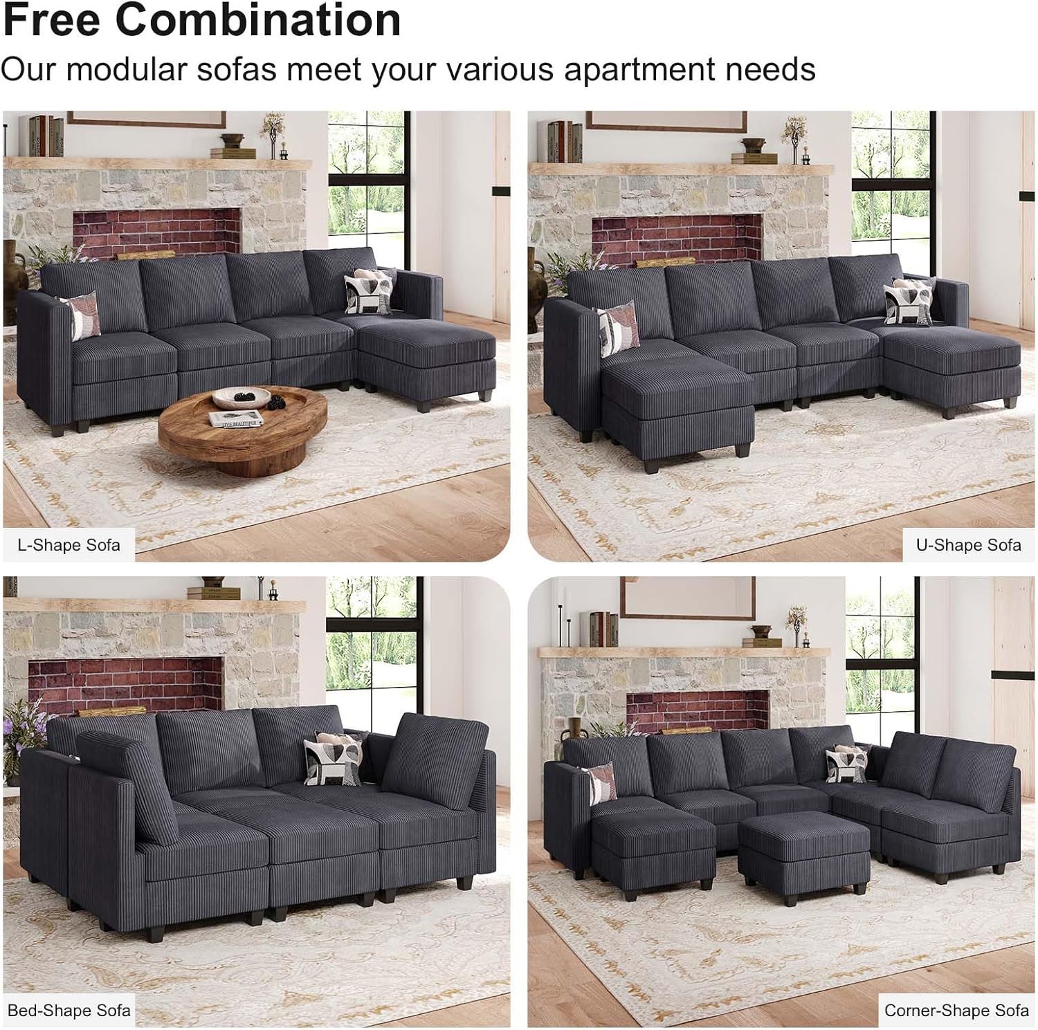 Belffin Modular Small Sectional Sofa Corduroy Sleeper Sofa with Storage Modern Couch for Living Room Dark Grey