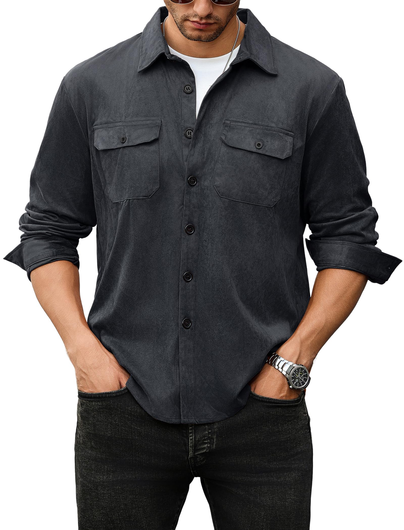 ZAFUL Men's Faux Suede Button Down Shirts Jacket Lightweight Shirt Jacket Long Sleeve Work Coat Solid Color Overshirt