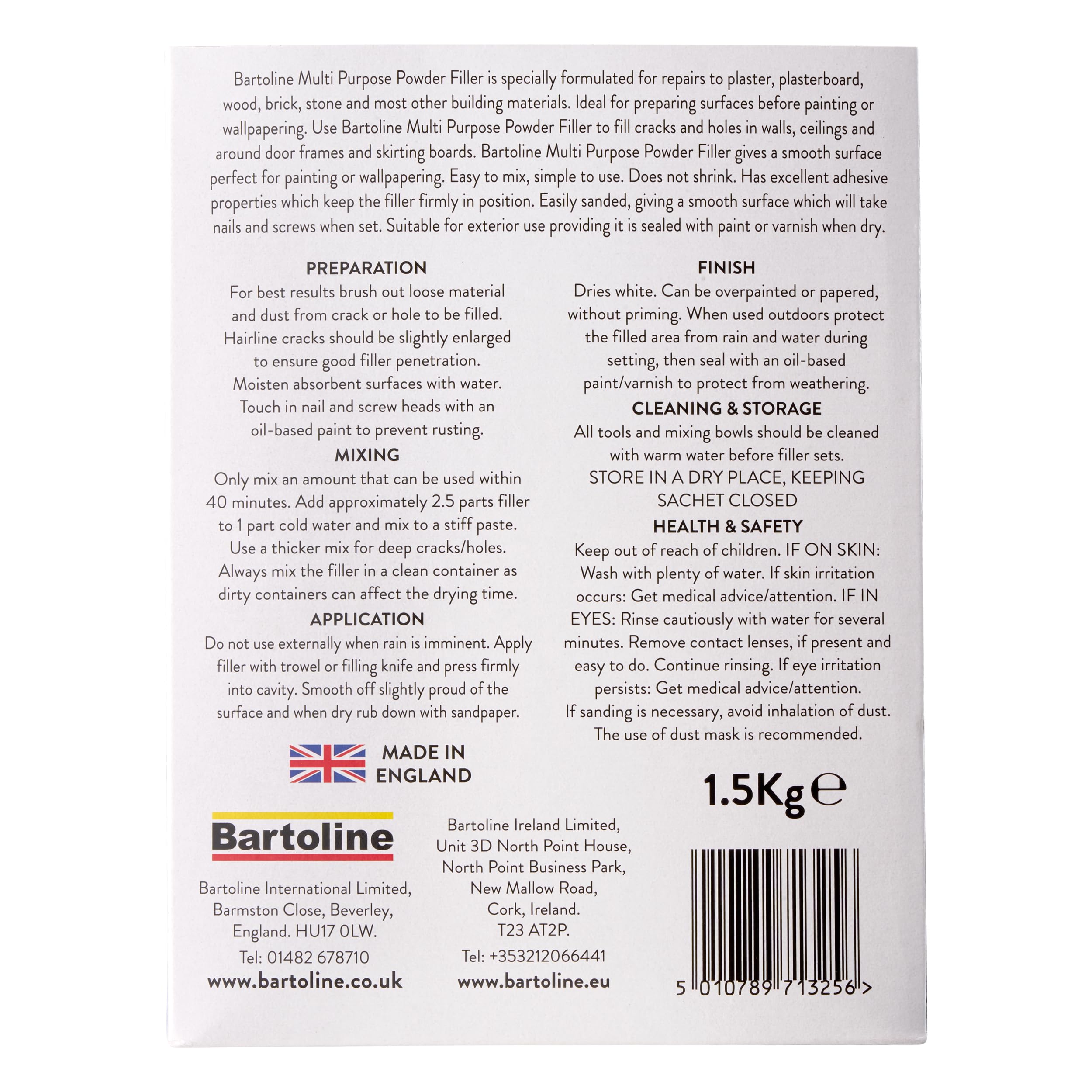 Bartoline Stucco in Polvere Multiuso 1,5 kg – Finitura Resistente e Liscia per Intonaco, Legno, Mattoni e Pietra – Facile da Preparare e Carteggiare