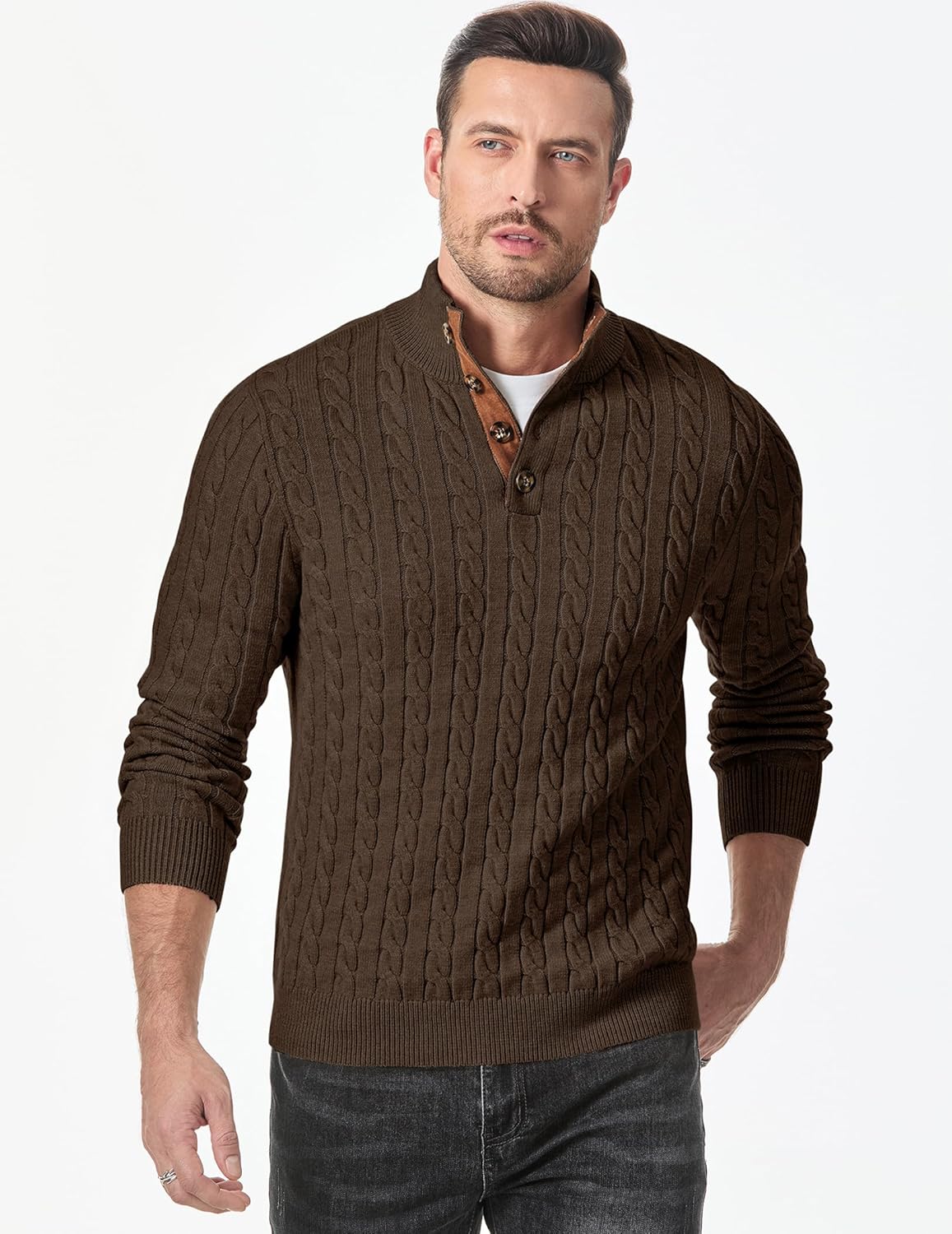 JMIERR Men's Cable Knit Pullover Sweater Casual Long Sleeve Stand Collar Button Knitted Sweaters - Image 6