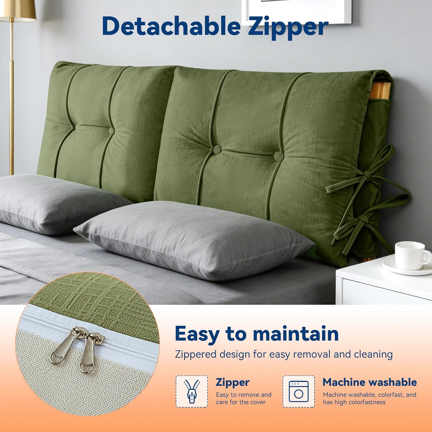 Queen Headboard Pillow, Large Corduroy Full Wrap Anti-Collision Backrest for Solid Wood Bed, Soft Support for Reading & Resting, Removable Washable Cover with Straps, Green, 156x60x10cm