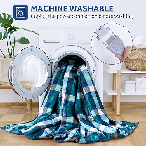 Miniatura 6 de SEALY Manta eléctrica tamaño matrimonial, manta eléctrica de felpa corta a cuadros y sherpa con 10 niveles de calefacción y apagado automático de 1