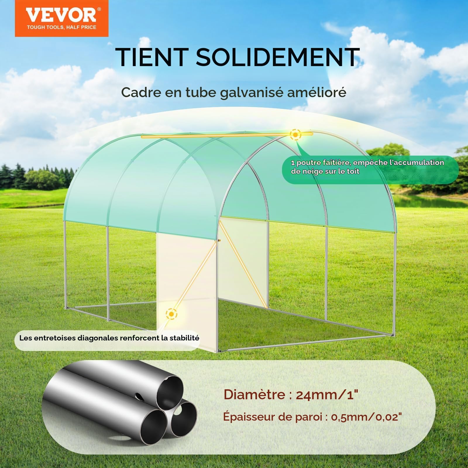 VEVOR Serre Tunnel Jardin, 345x195x192 cm, Tente Abri Plantes avec Cadre en Acier Galvanisé, Couverture en PE Verte, Porte à Glissière Enroulable, 6 Fenêtres, pour Extérieur Cultiver Légumes Fleurs