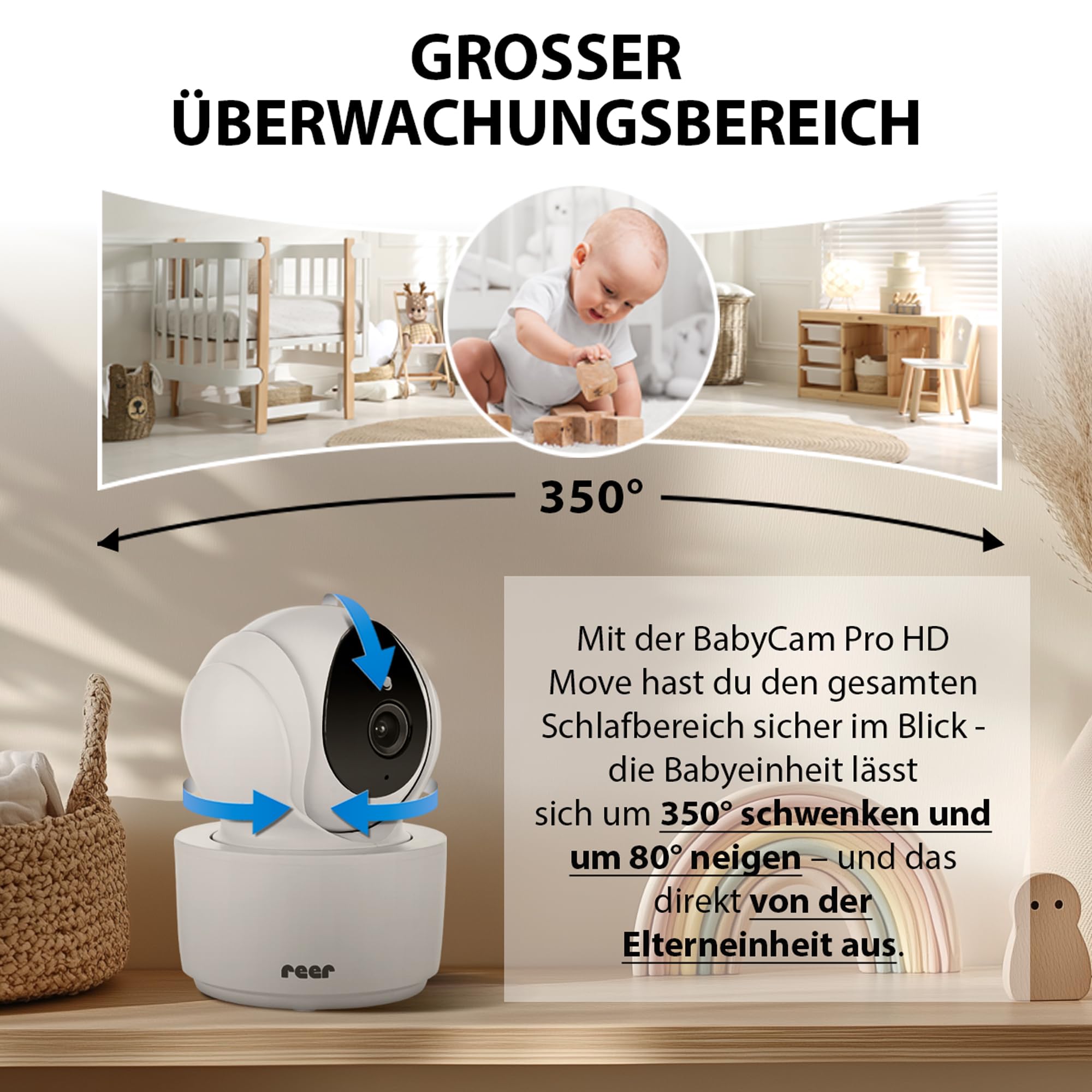 reer BabyCam XL Move | Digitales Video-Babyphone | abhörsichere FHSS-Technologie | 4,3" TFT-Bildschirm | 300m Reichweite | schwenk- & neigbare Kamera | Nachtsicht |Gegensprechfunktion | weiß