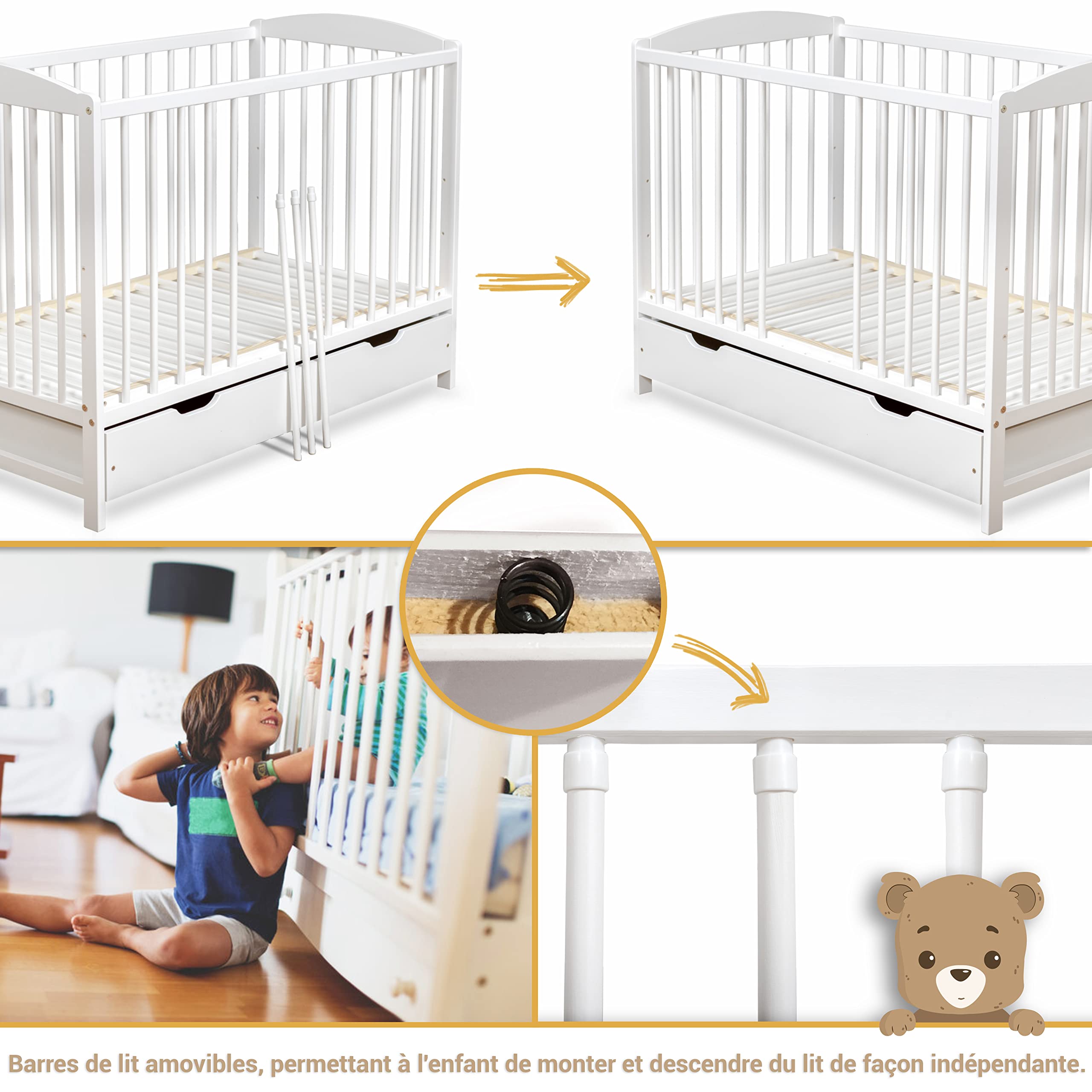 Lit Bébé 60x120 cm avec Tiroir – Lit en Bois Réglable en Hauteur, Transformable en Lit Enfant Blanc