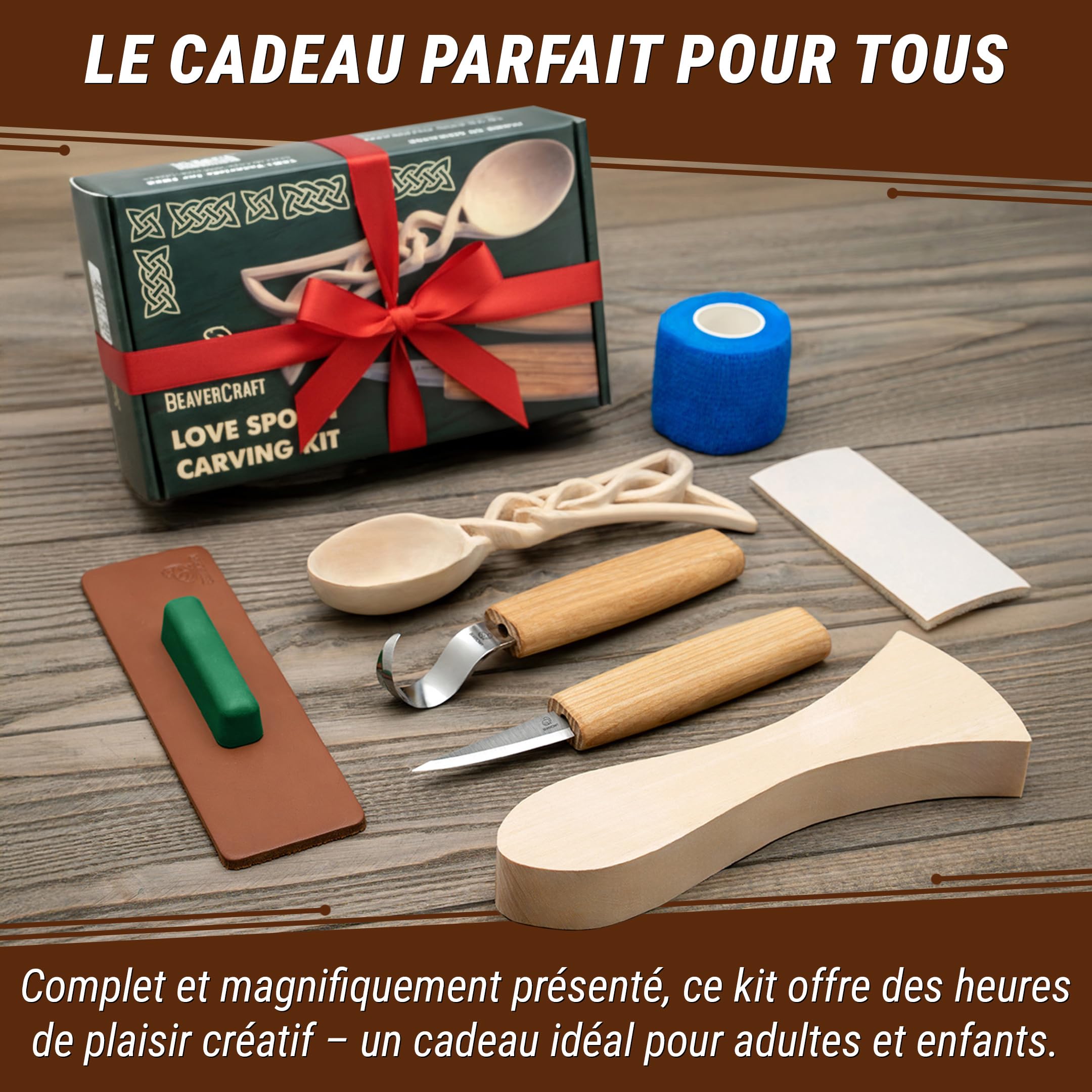 BeaverCraft DIY04 Kit de sculpture de cuillères en bois pour débutants – Ensemble de couteaux Sloyd et crochet, ébauche en tilleul – Kit de sculpture sur bois pour adultes et enfants