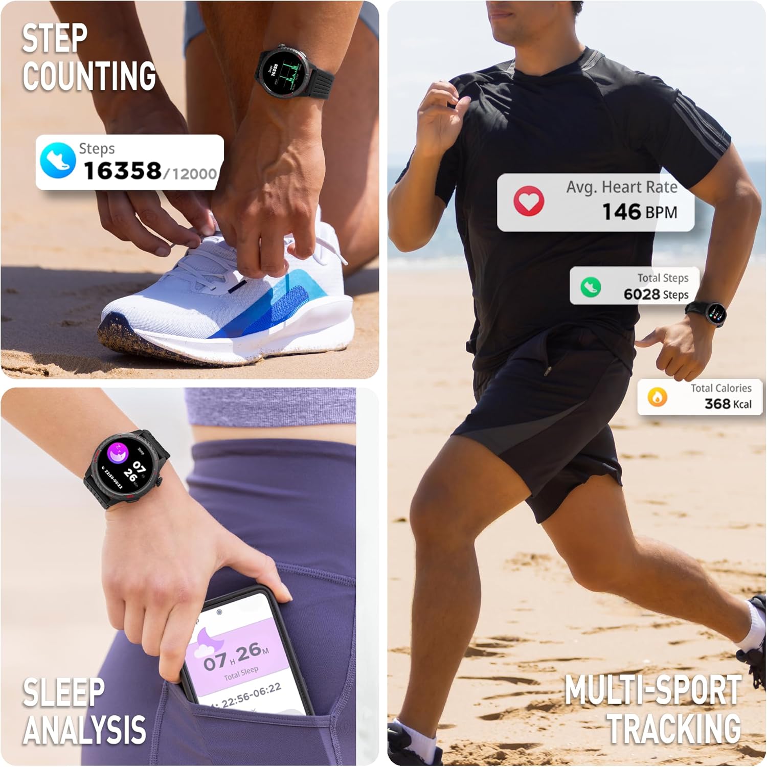 Reflex Active SeaVenture smartwatch showing step counting, heart rate, and sleep analysis features