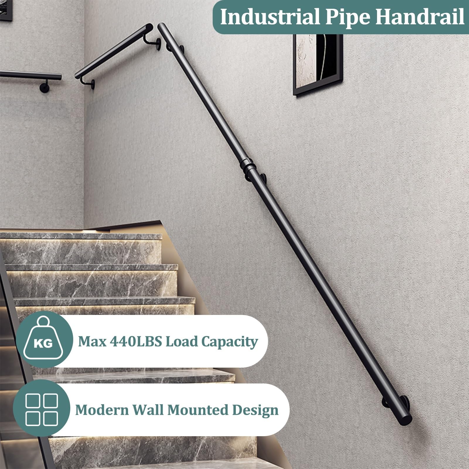 30–600 cm schwarzer Metall-Treppengeländer-Handlauf, industrielles Eisenrohrgeländer mit Wandhalterungen und Metallschrauben, Haltegriff für ältere Menschen(240cm)