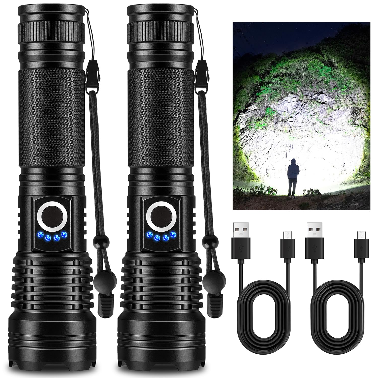 GISAEV Rechargeable LED Flashlight, 99,000 High Lumens Super Bright Flashlight, 5 Modes IPX6 Waterproof Handheld Flashlights for Home Emergency Camping Hiking(2 Pack )