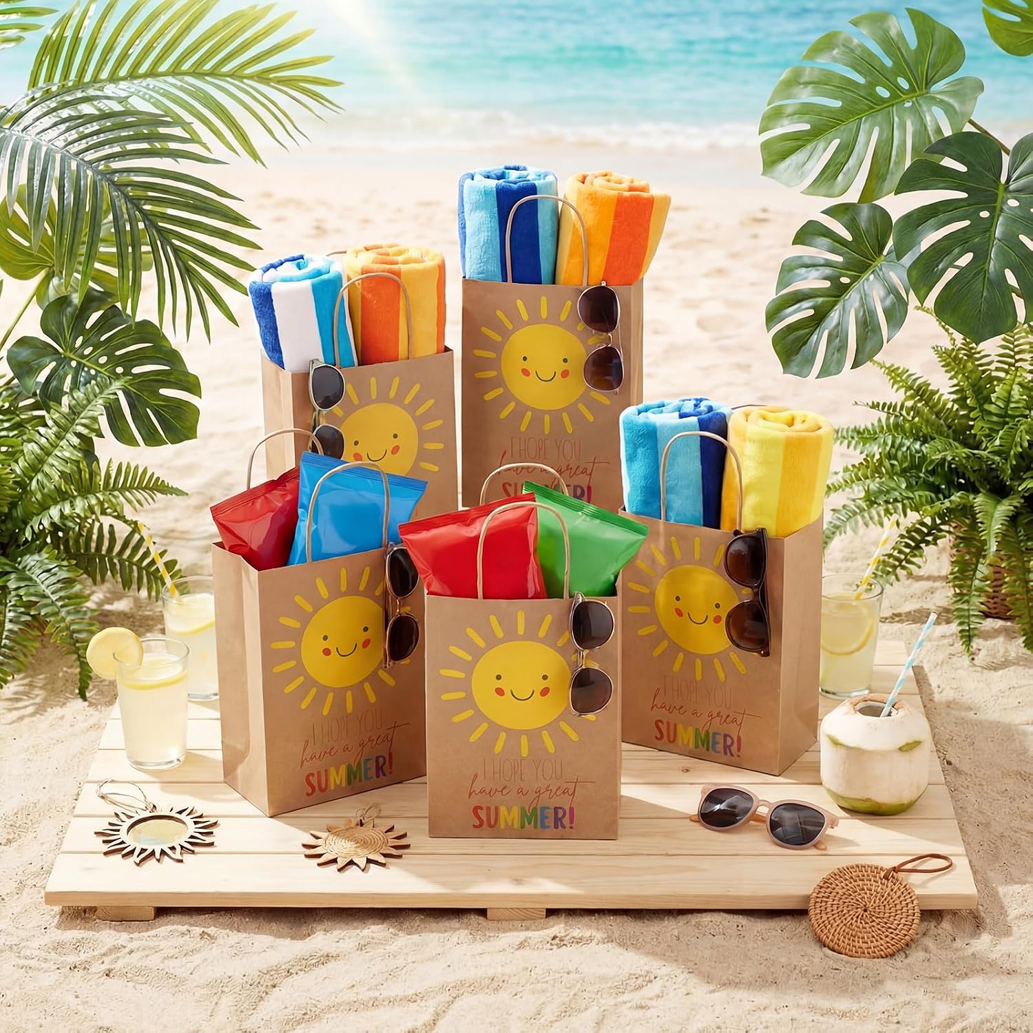 Tenceur 50 Pcs End of The Year Gift Bags Summer Party Gift Bags End of Year Kraft Bag Thank You Treat Supplies with Handle Appreciation Teacher Bag from Student for Graduation Summer Beach(Cute)