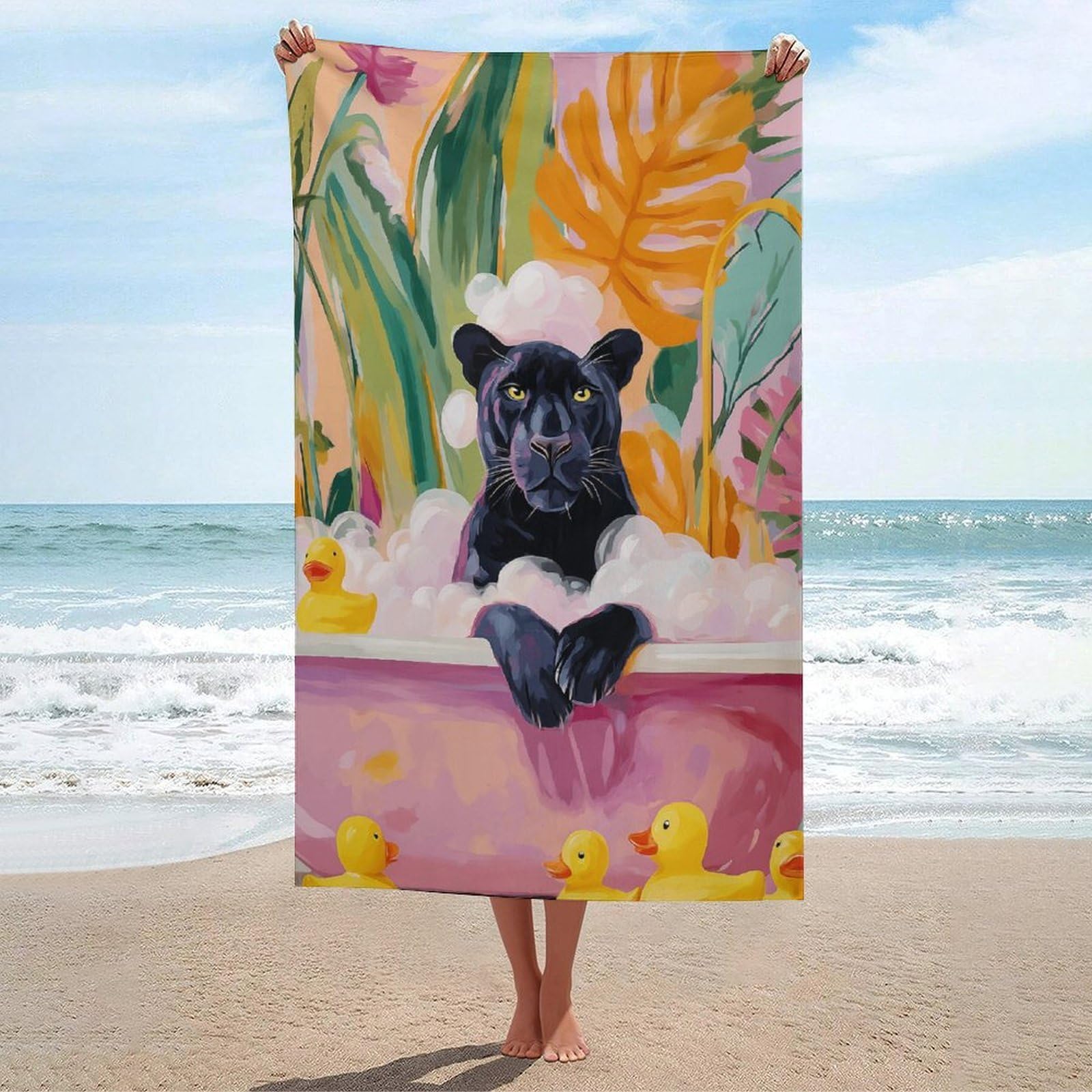 LSRCPD Panther in A Bathtub Beach Towel Sand Free Microfiber Large Shower Towels Multipurpose Absorbent for Bathroom Pool 130x80 CM