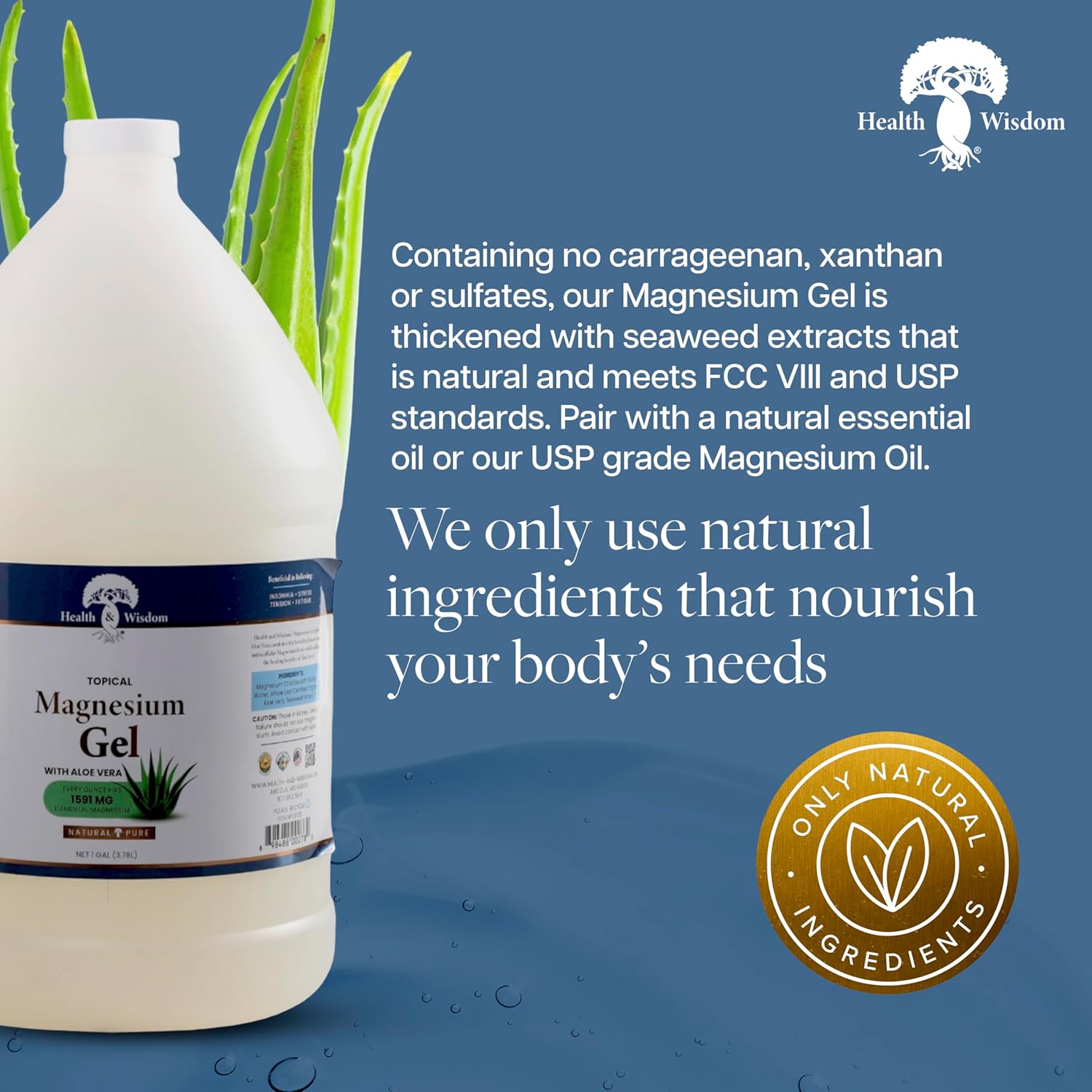 Health and Wisdom Pure Magnesium Gel with Seaweed Extract and Aloe Vera - Topical Muscle & Joint Relief- Natural and Pure Skin & Scalp Moisturizing - Enhanced Absorption - 128 Fl oz