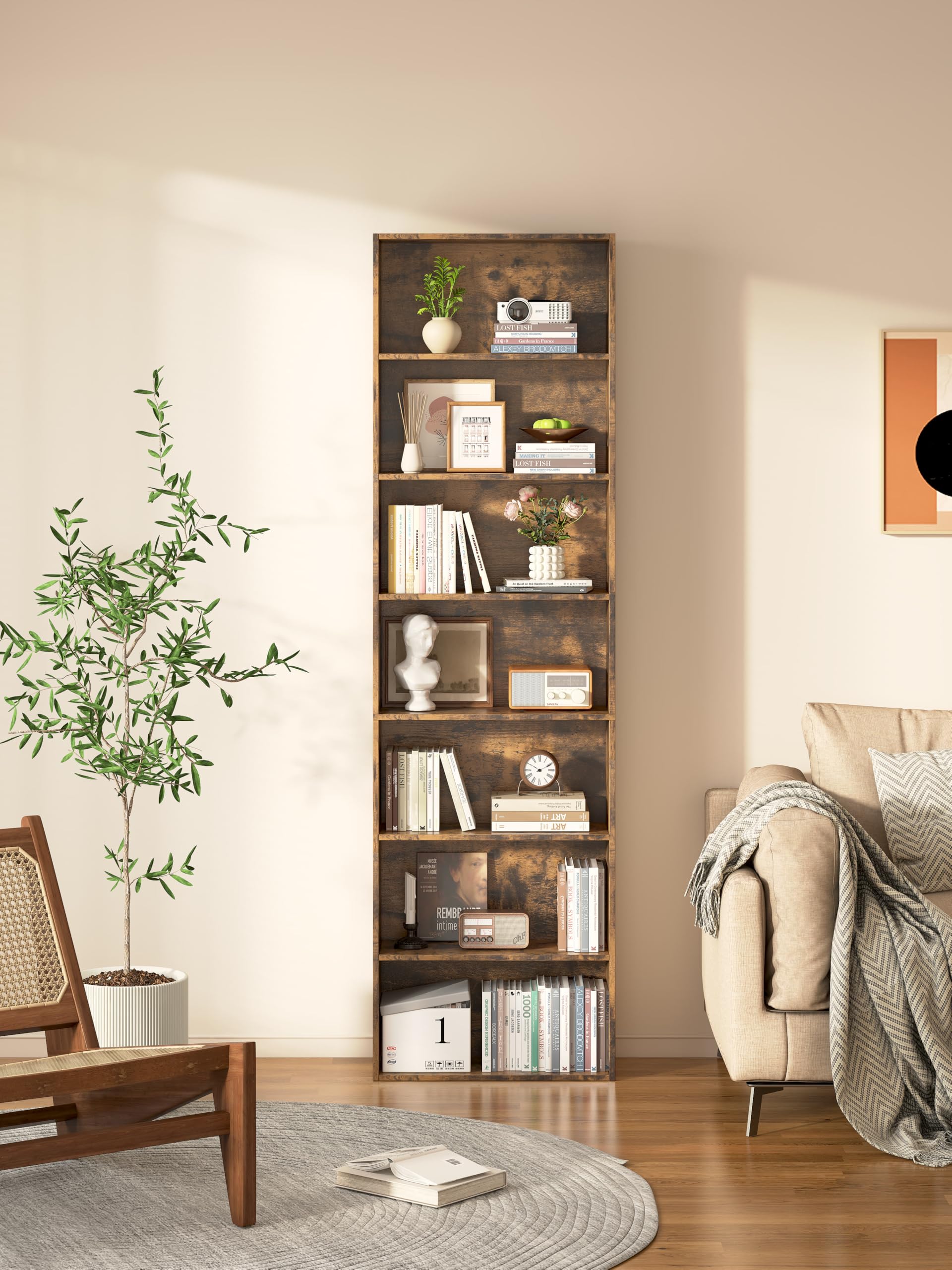 Garvis Standregal 7 Ebenen | 60 cm breit, 210 cm hoch | Offenes Bücherregal Weiß Schwarz Eiche | Büroregal Wohnzimmer (Rustikal)