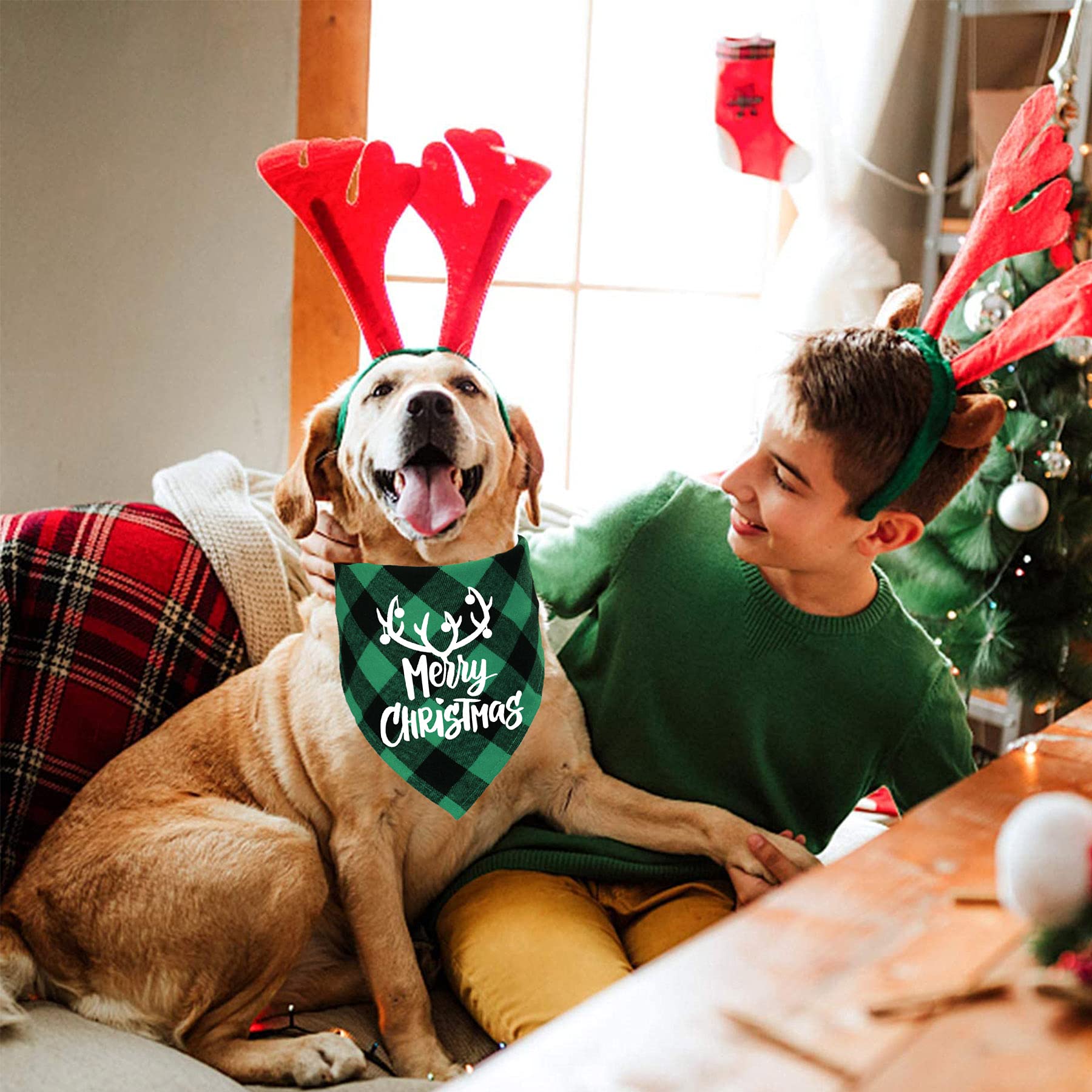 STMK Confezione da 2 bandane natalizie per cani, motivo natalizio con motivo a quadri, per feste di Natale, per cani di taglia piccola e media taglia (rosso e verde, Buon Natale)